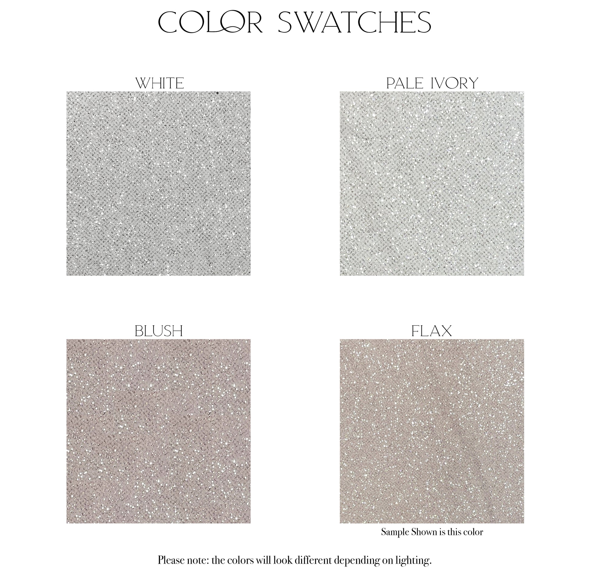 Four color swatches for the Alora wedding gown made in a sparkle crepe.