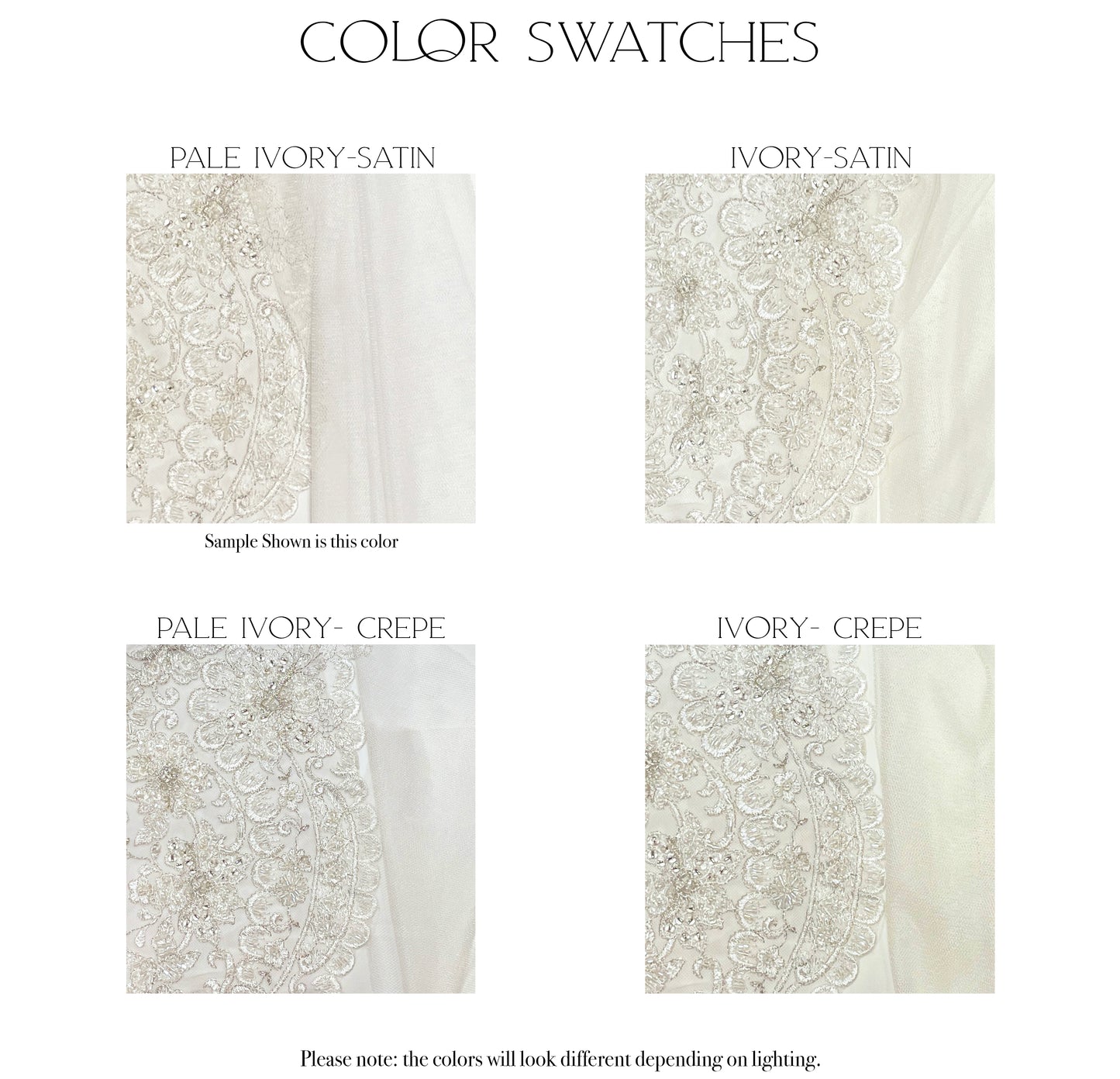 color and fabric swatches showing what the ava gown would look like in each colorway.