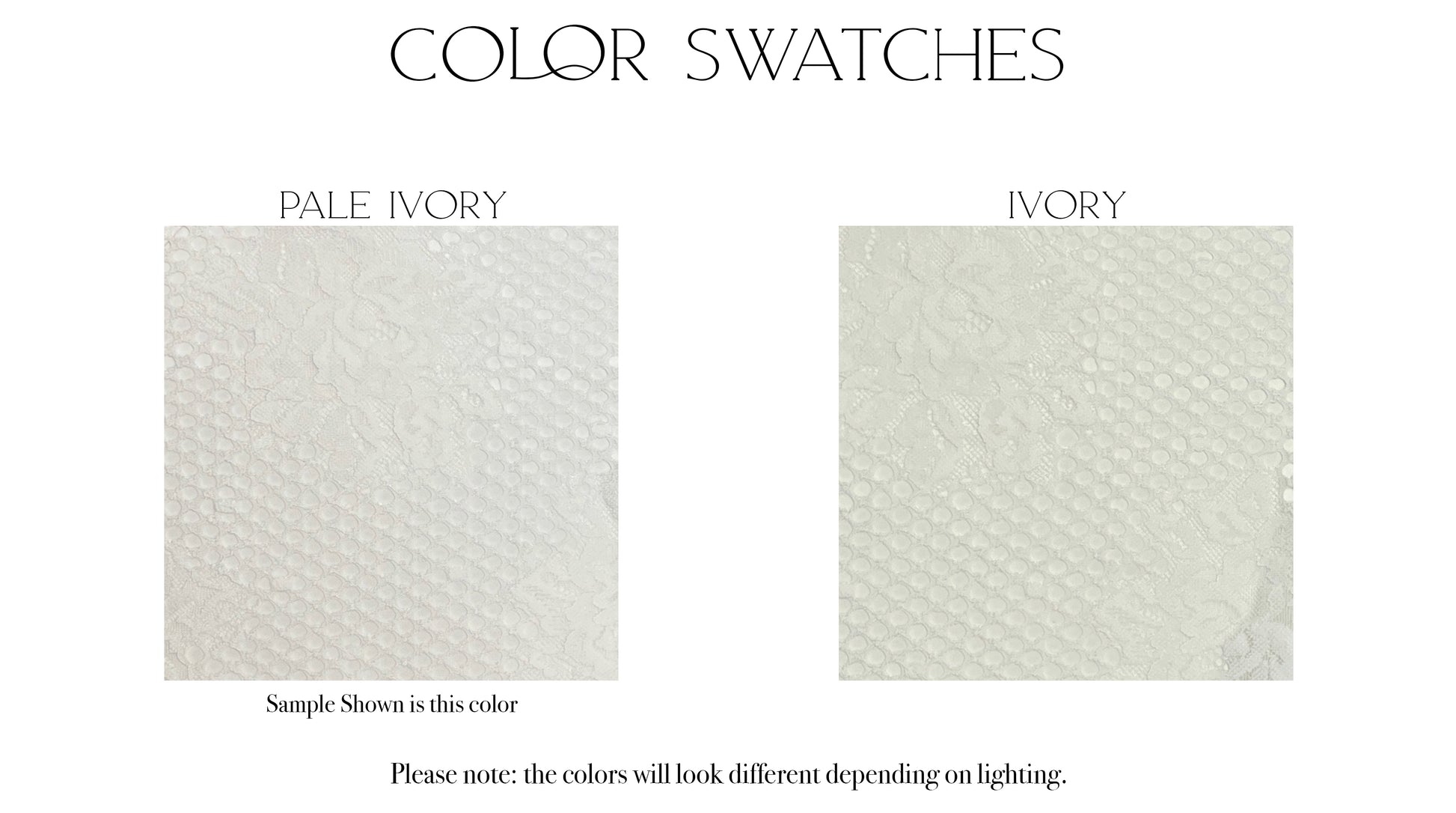 Fabric swatches of the two color options the Avabelle gown is offered in, Pale ivory and ivory.