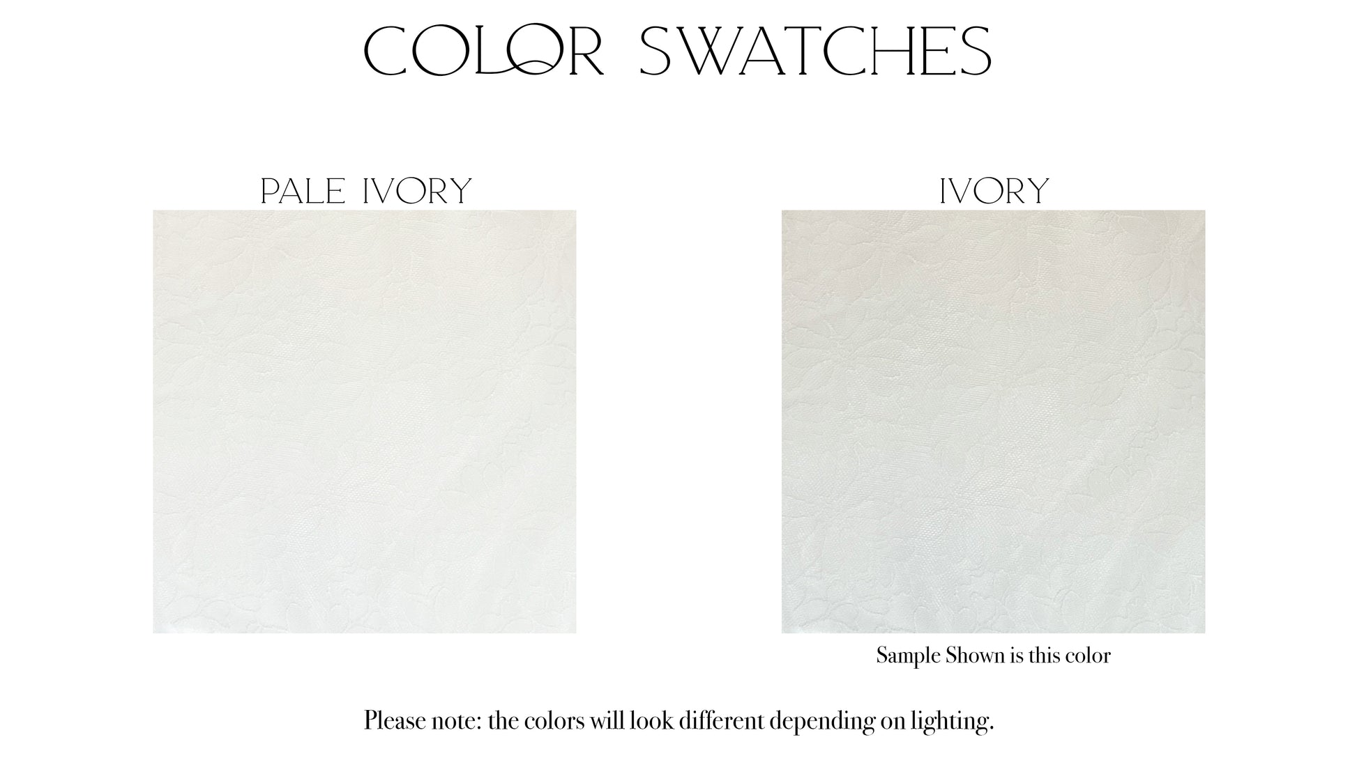 Fabric swatches of the two color options, ivory and pale ivory, for the beatrice gowns.
