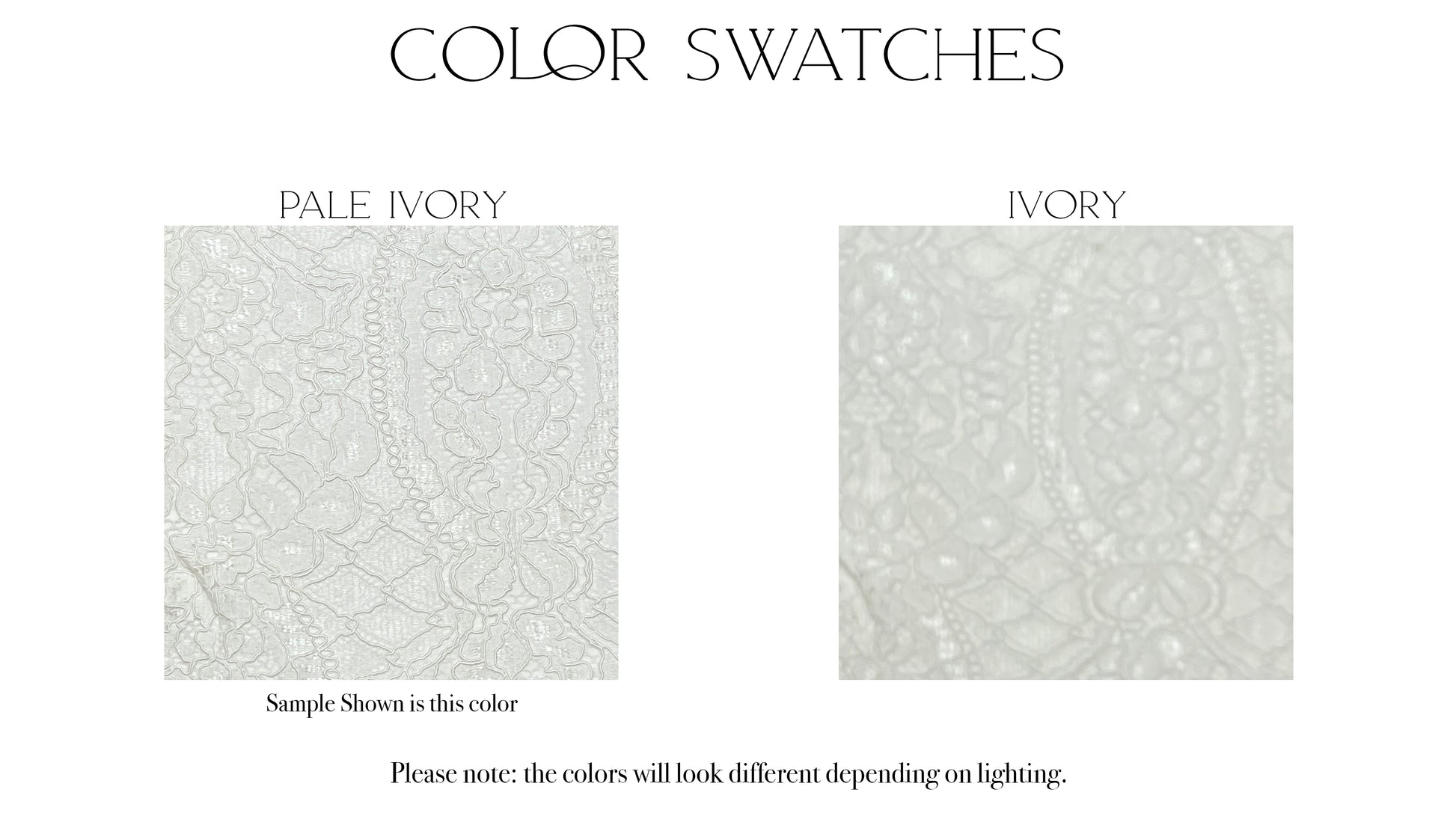 Fabric swatches of the two color options, ivory and pale ivory, for the blair gown.