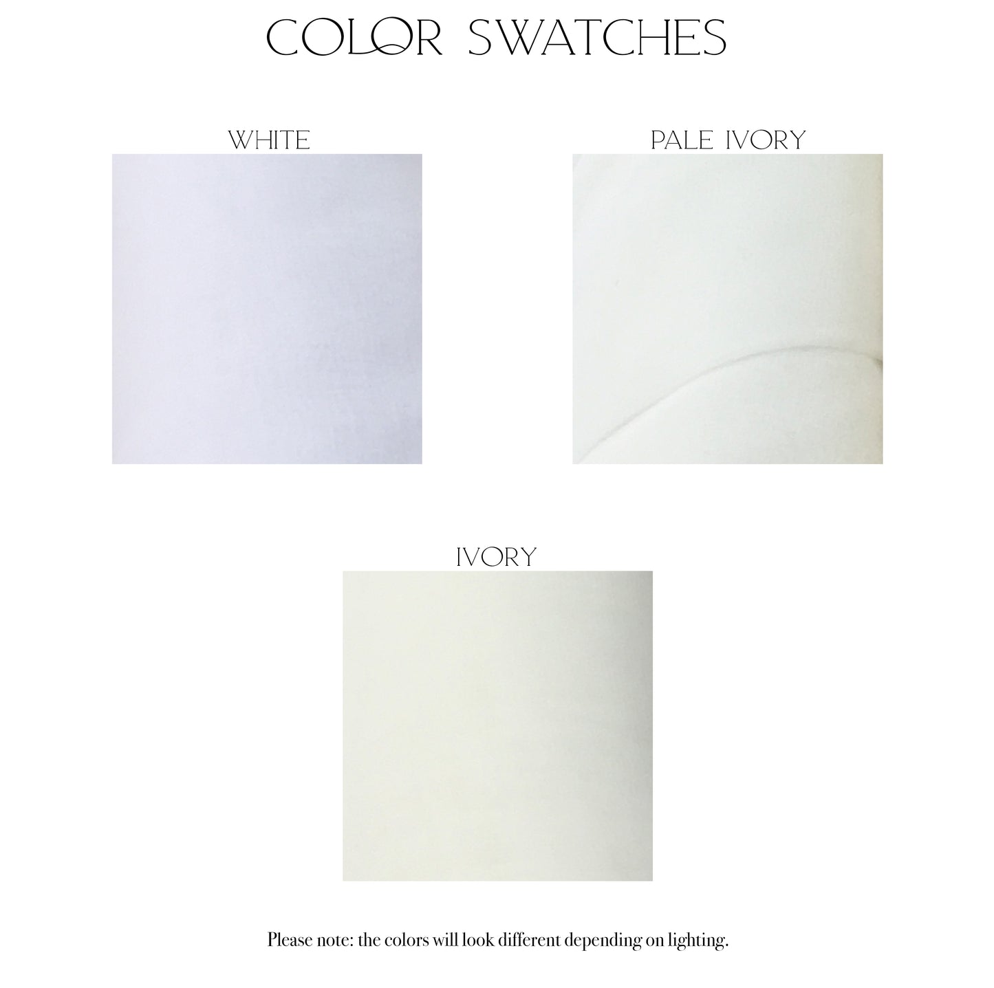 Color swatches in the three different color options for the Braelyn Veil, White, pale ivory, and Ivory.