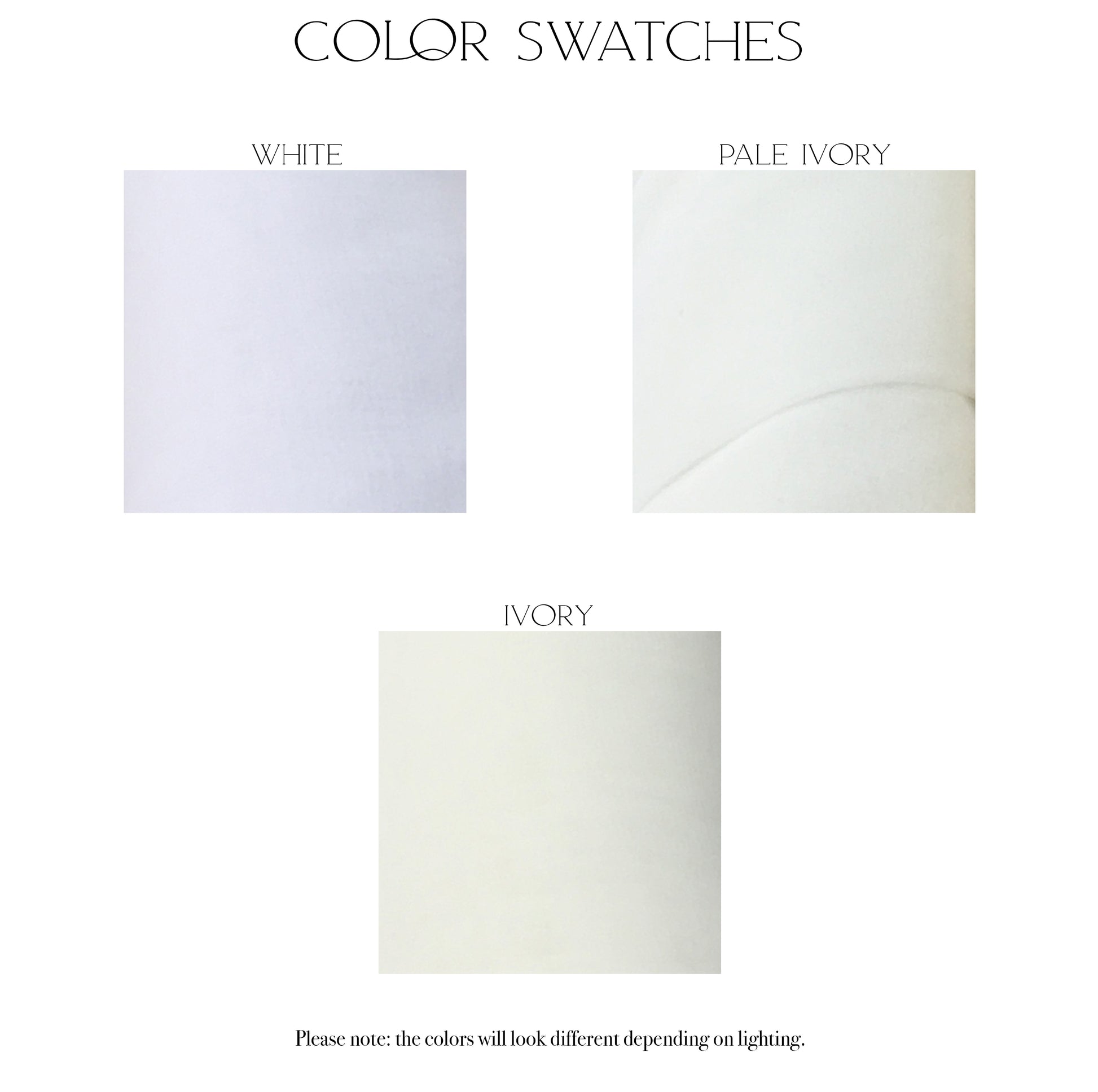 Color swatches in the three different color options for the Braelyn Veil, White, pale ivory, and Ivory.