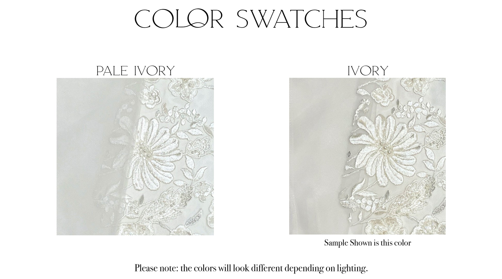 Fabric swatches of the two color options, ivory and pale ivory, for the constance gown.