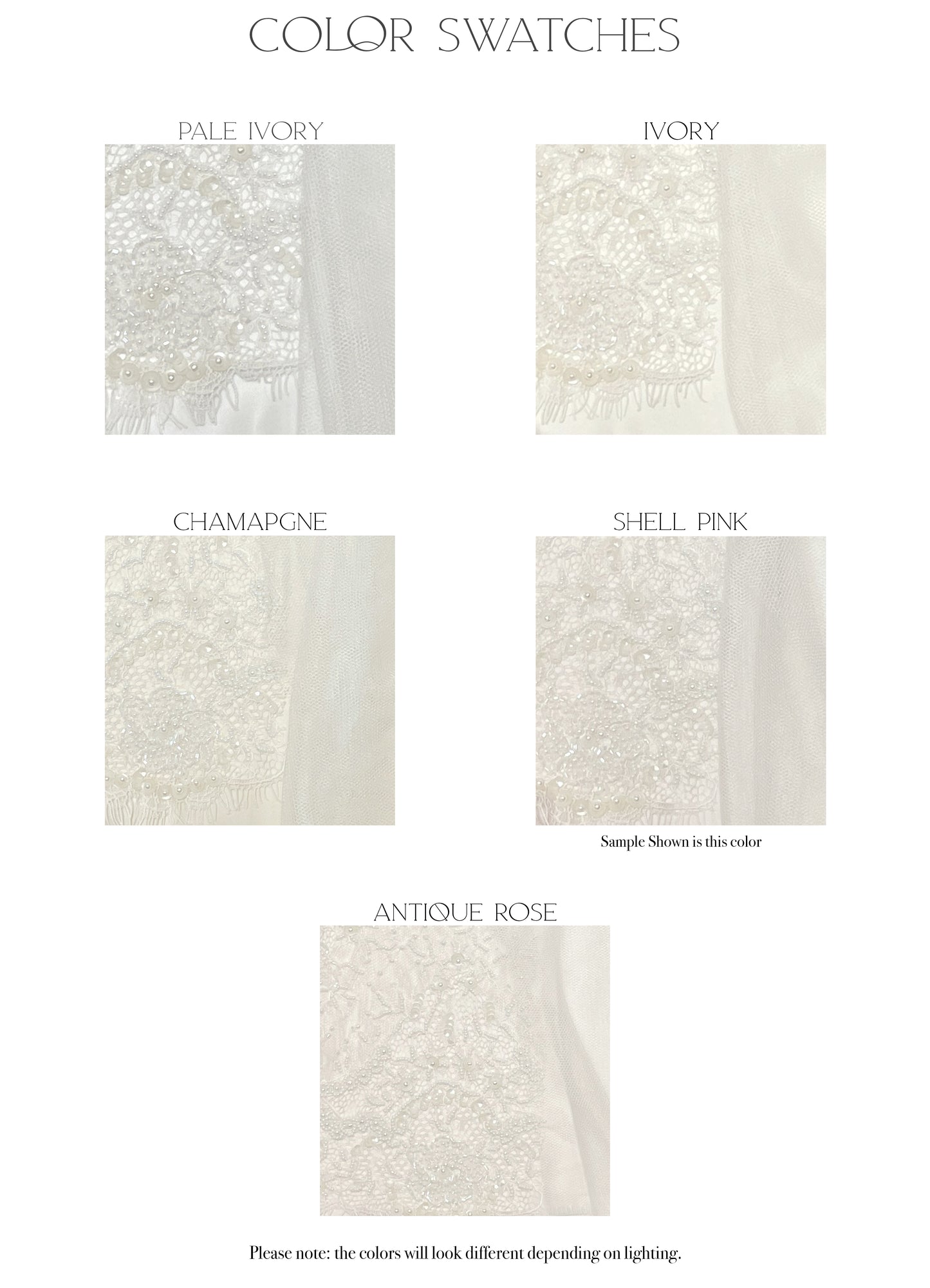 Fabric swatches of the five color options, ivory, champagne, shell pink, antique rose, and pale ivory, for the Eivissa gown.