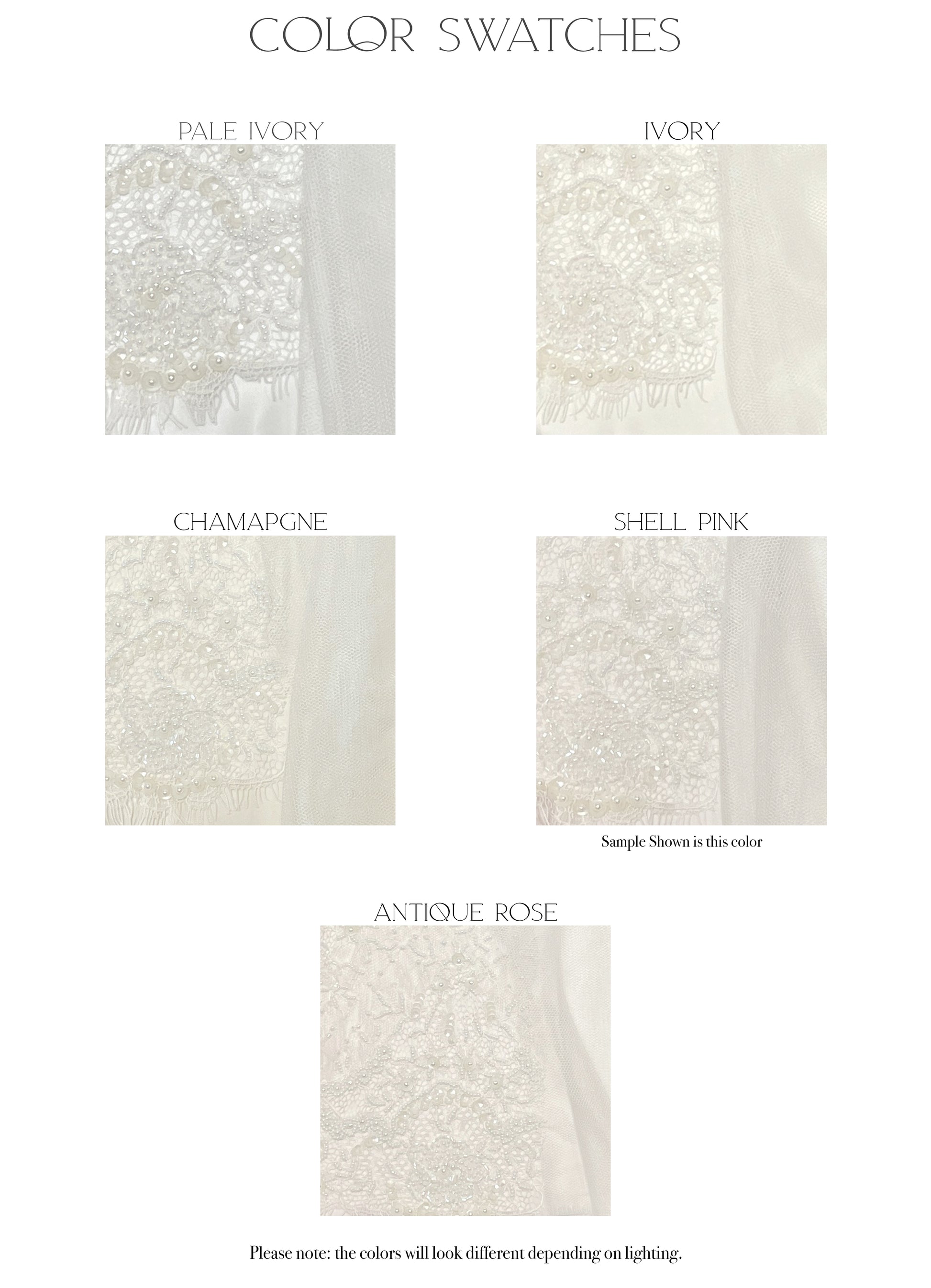 Fabric swatches of the five color options, ivory, champagne, shell pink, antique rose, and pale ivory, for the Eivissa gown.