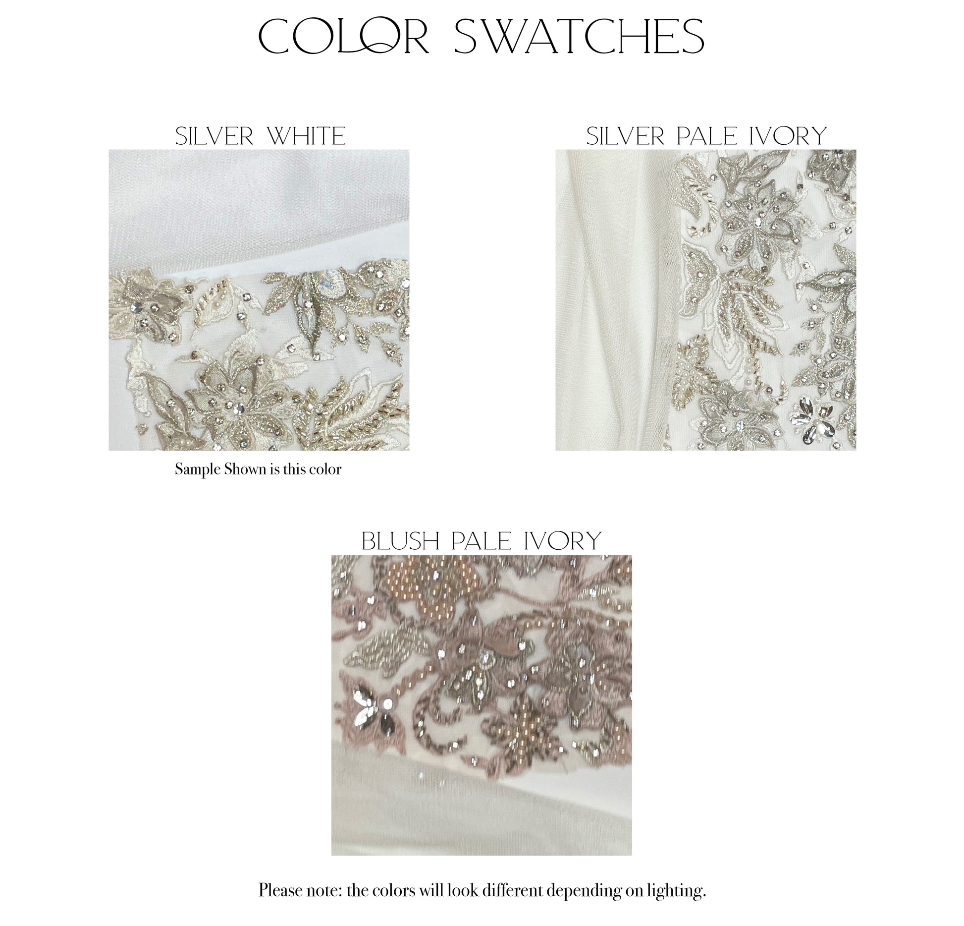 Fabric swatches of the three color options, silver white, silver pale ivory and blush pale ivory, for the ember set.