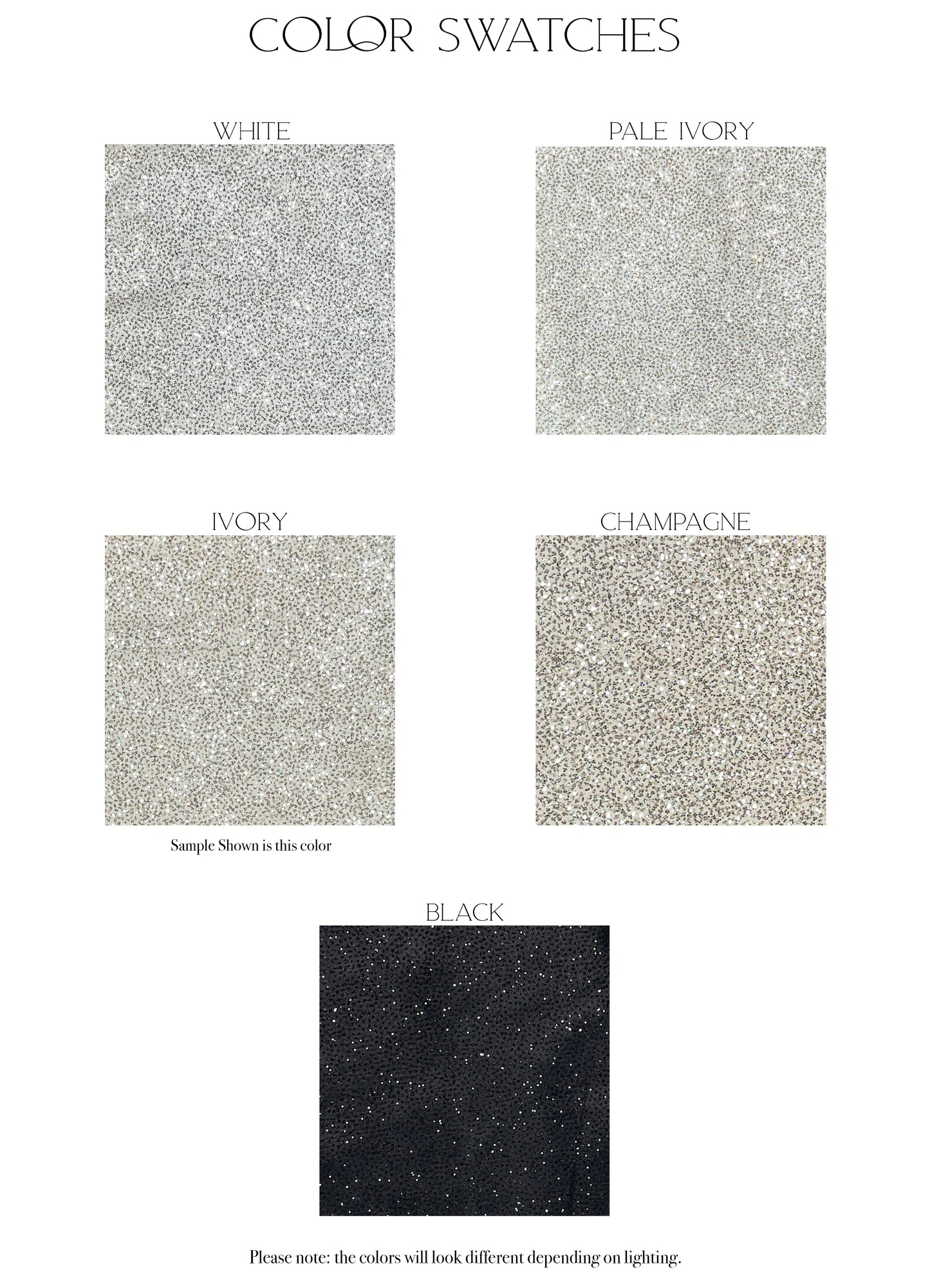 Fabric swatches of the five color options, white, pale ivory, ivory, champagne and black, for the Emerson gown and Calliope Skirt.