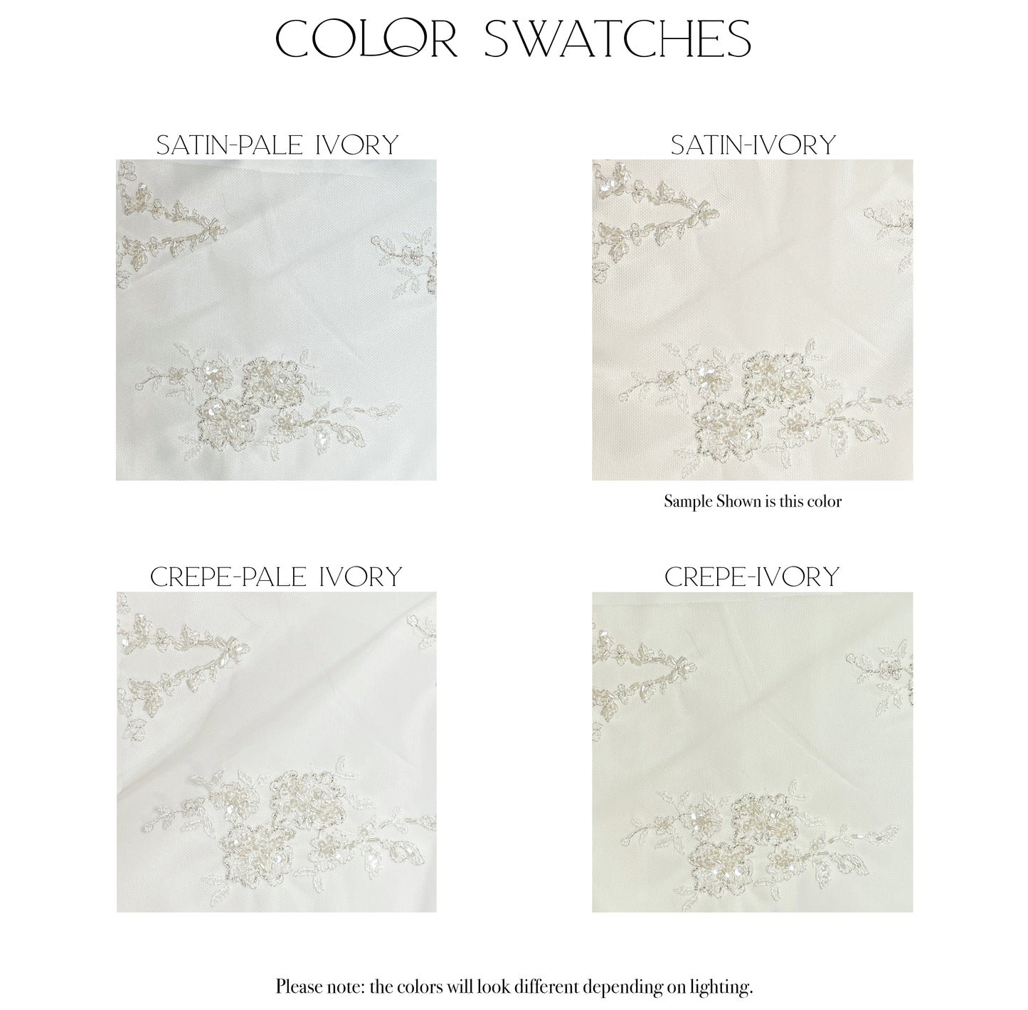 Fabric swatches of the four color and fabric options, satin pale ivory, satin ivory, crepe pale ivory and crepe ivory, for the Emma gown.