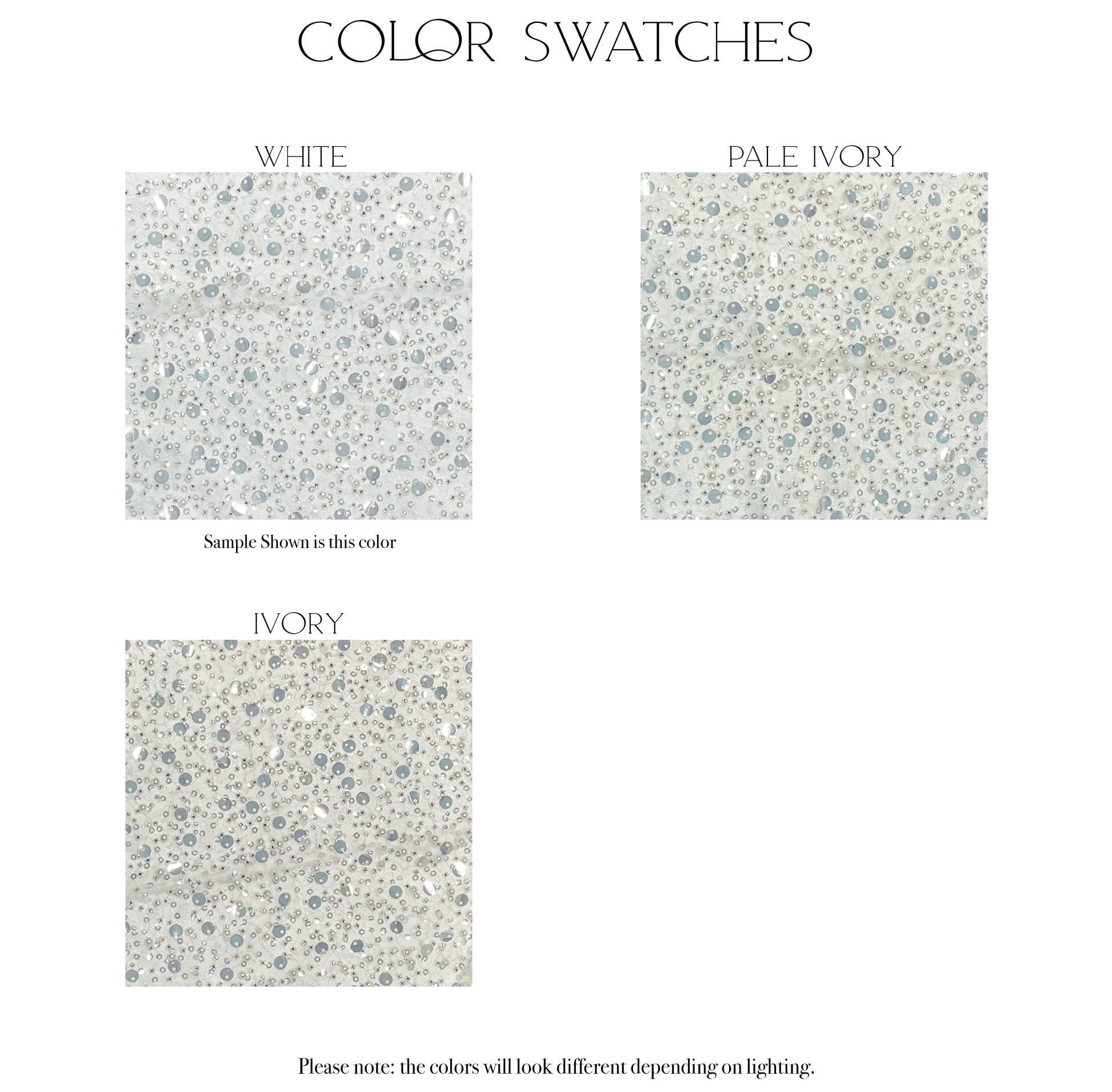 Fabric swatches of the three color options (White, ivory and pale ivory) for the Faelynn gown.