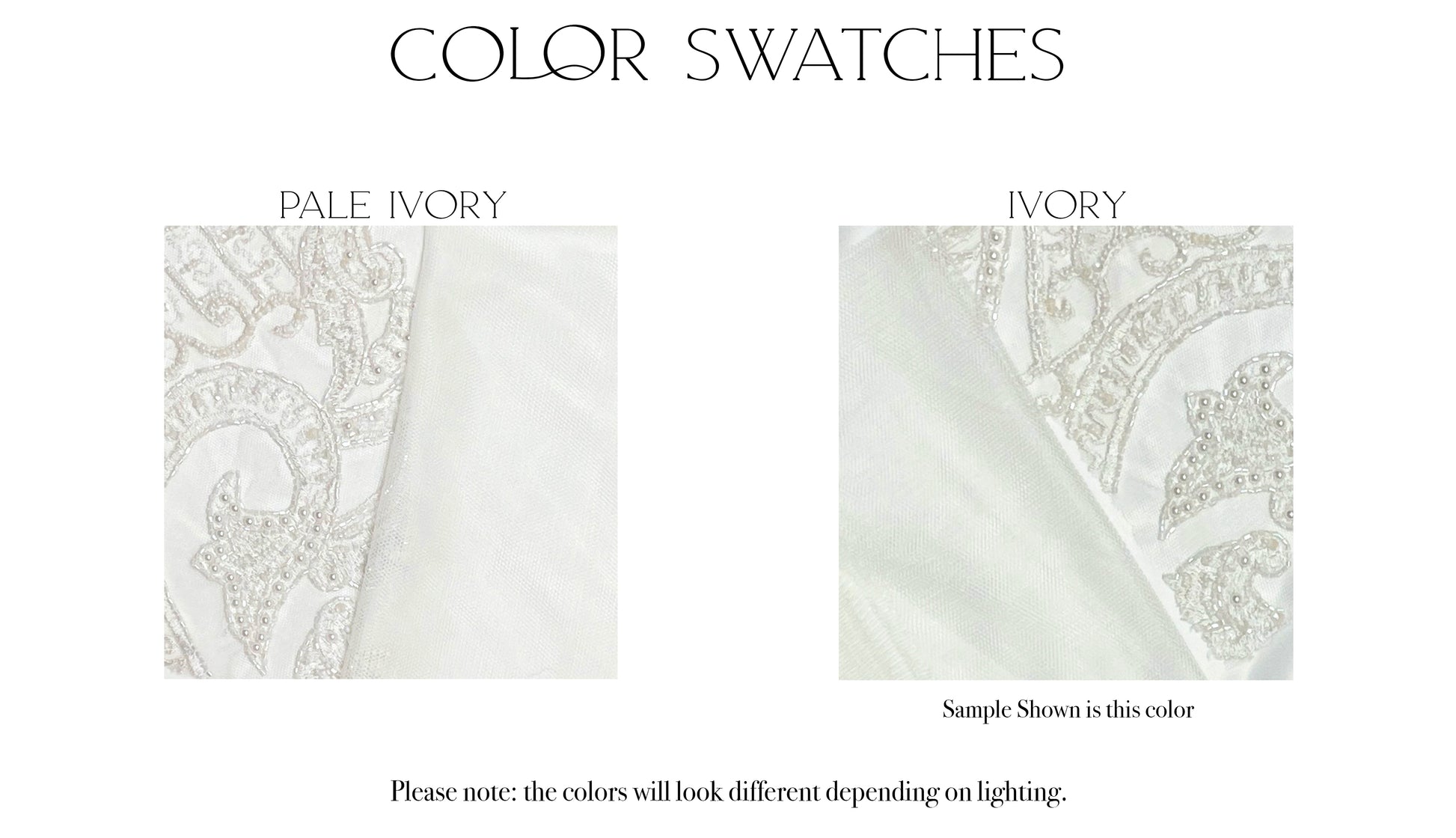 Fabric swatches of the two color options, ivory and pale ivory, for the Farrah gown.