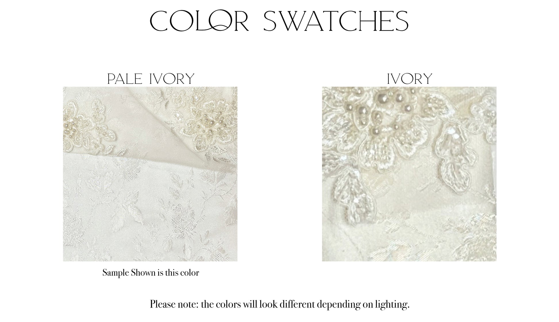 Fabric swatches of the two color options, champagne and pale ivory, for the Gemma gown.