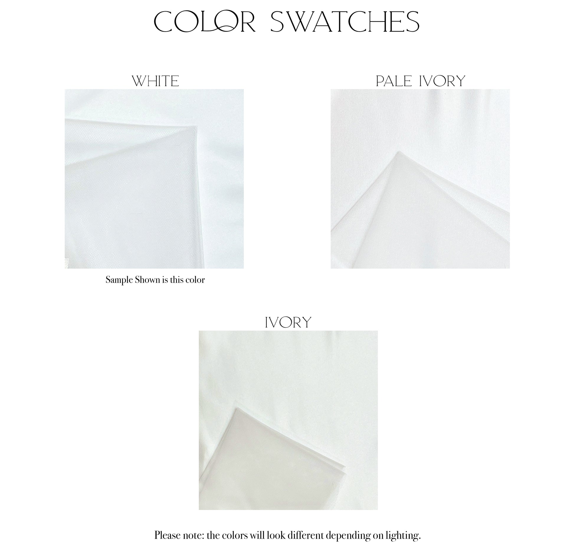 Color swatches that the georgia gown is offered in. White, pale ivory, and ivory.