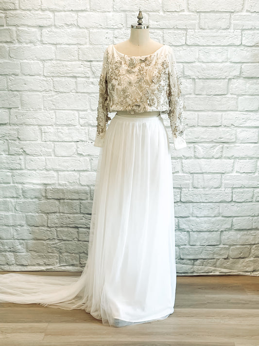 Full front view of Ember on a mannequin, showing off the 3D floral lace bodice and soft layered tulle skirt