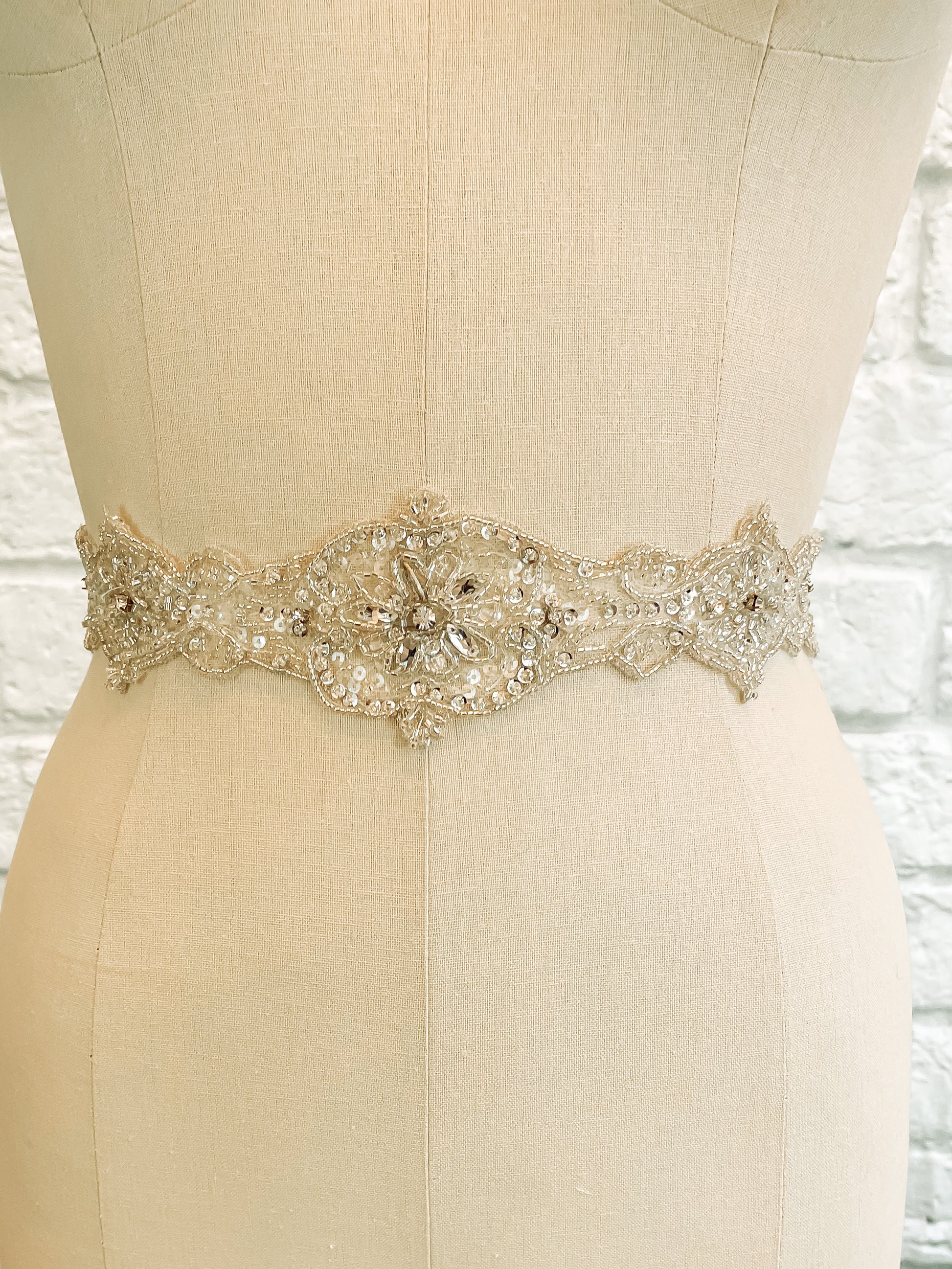Noelle rhinestone bridal belt with vintage-inspired beading on sheer tulle