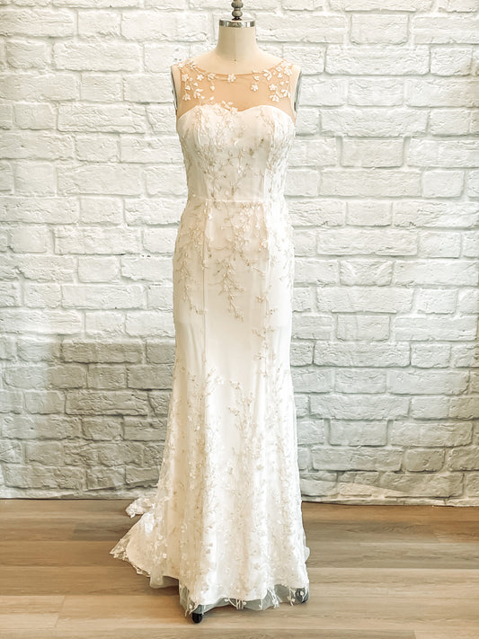 Full front view of the Lorien wedding gown with champagne lace over pale ivory crepe and illusion straps.