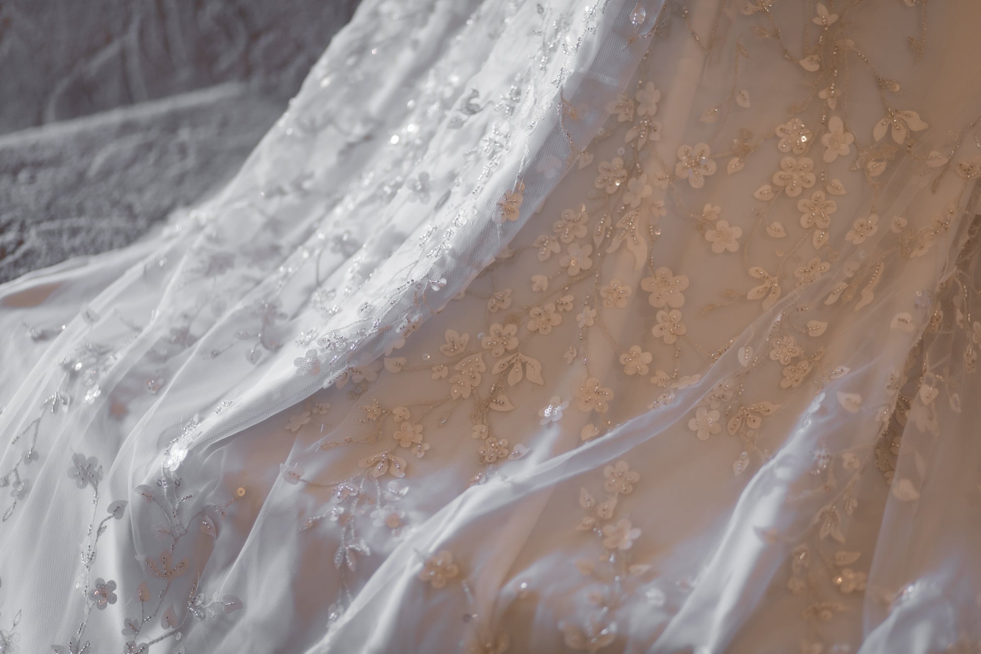 A close up of the lorien gown trailing over stairs showing the Hand-sewn champagne floral lace with iridescent beading in bright light and shadowing.