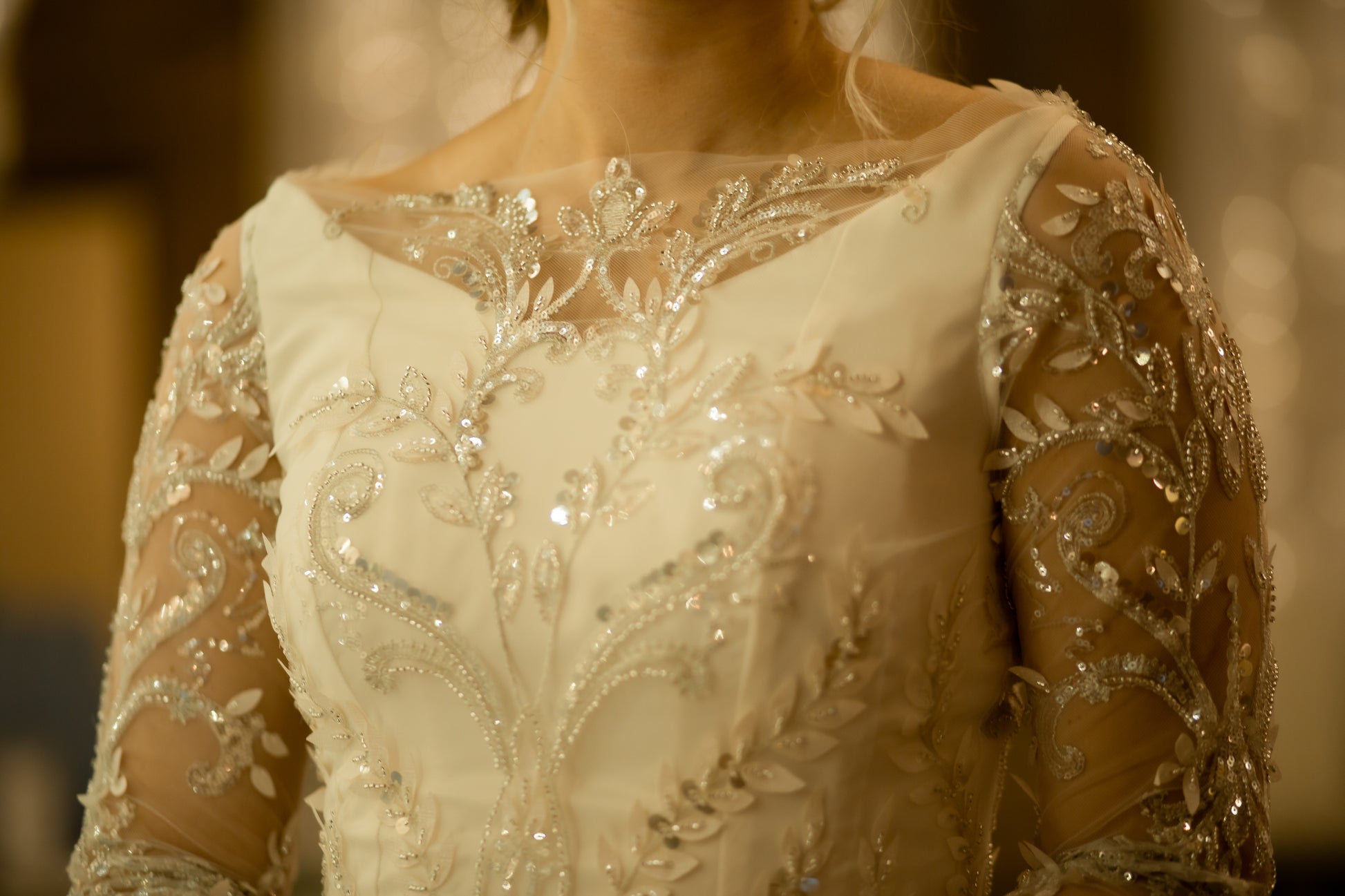 A detailed close up of the satin and lace bodice on the Theordora gown; you an really see the shimmer created by the beads and sequins as well as the 3D embroidered leaves and silver sequins.