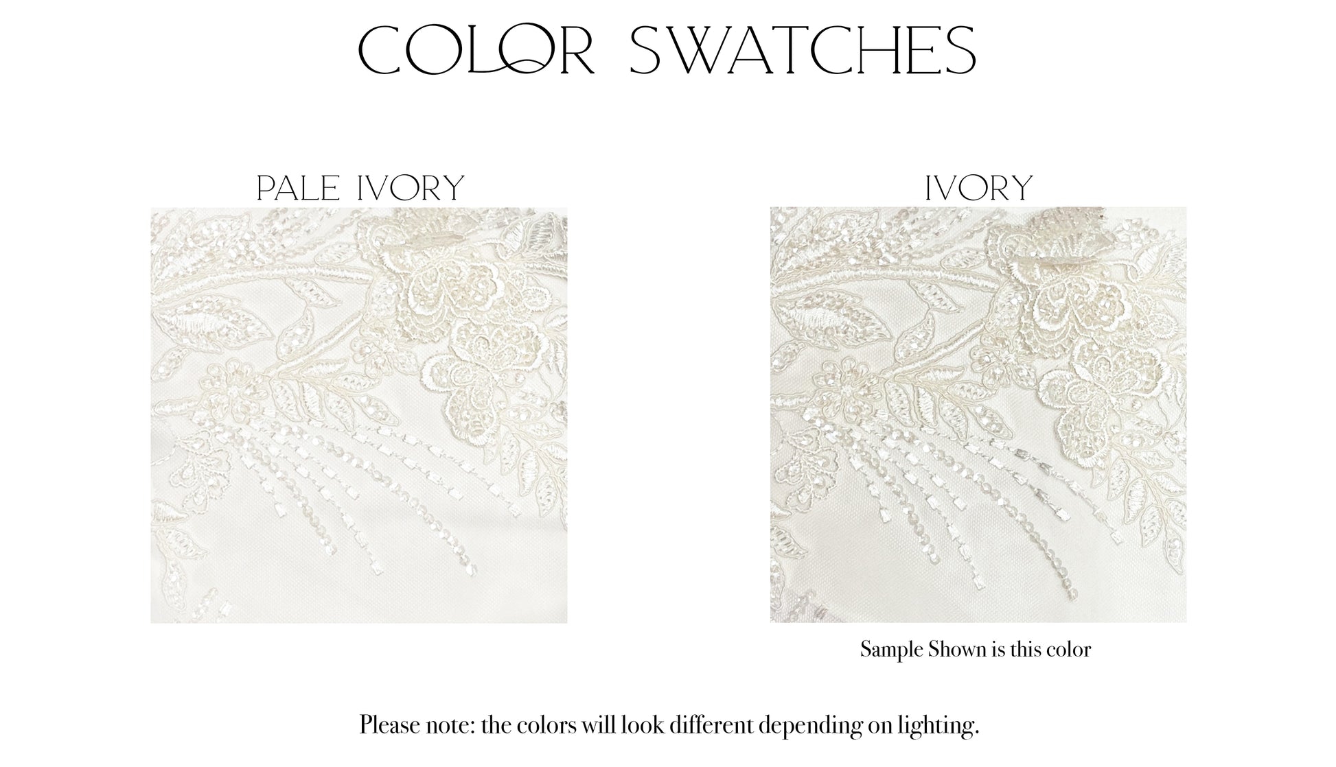 Fabric swatches of the two color options, ivory and pale ivory, for the jacqueline gown.