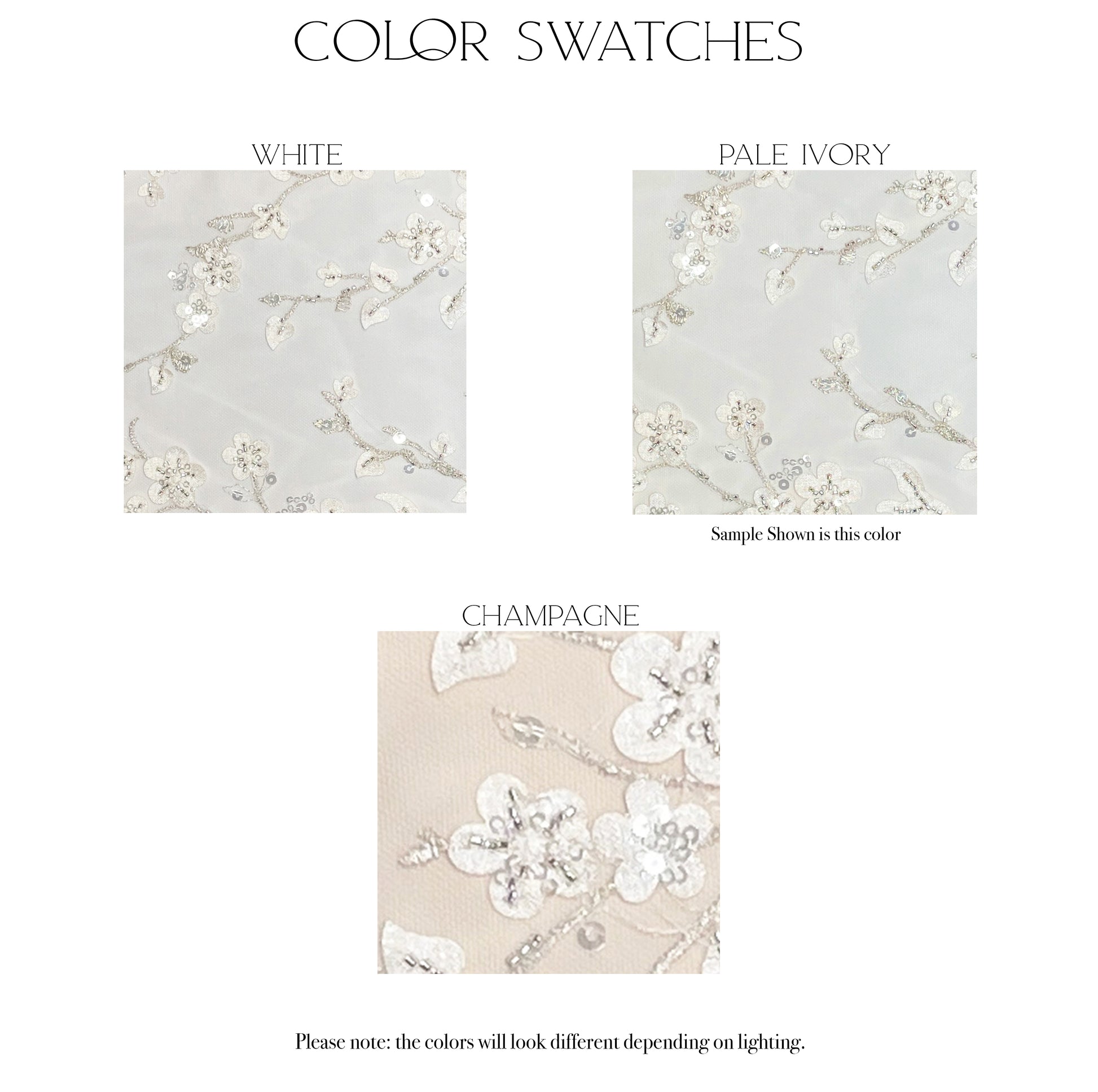 Fabric swatches of the three color options (white, Pale ivory, and champagne) for the Lorien gown.