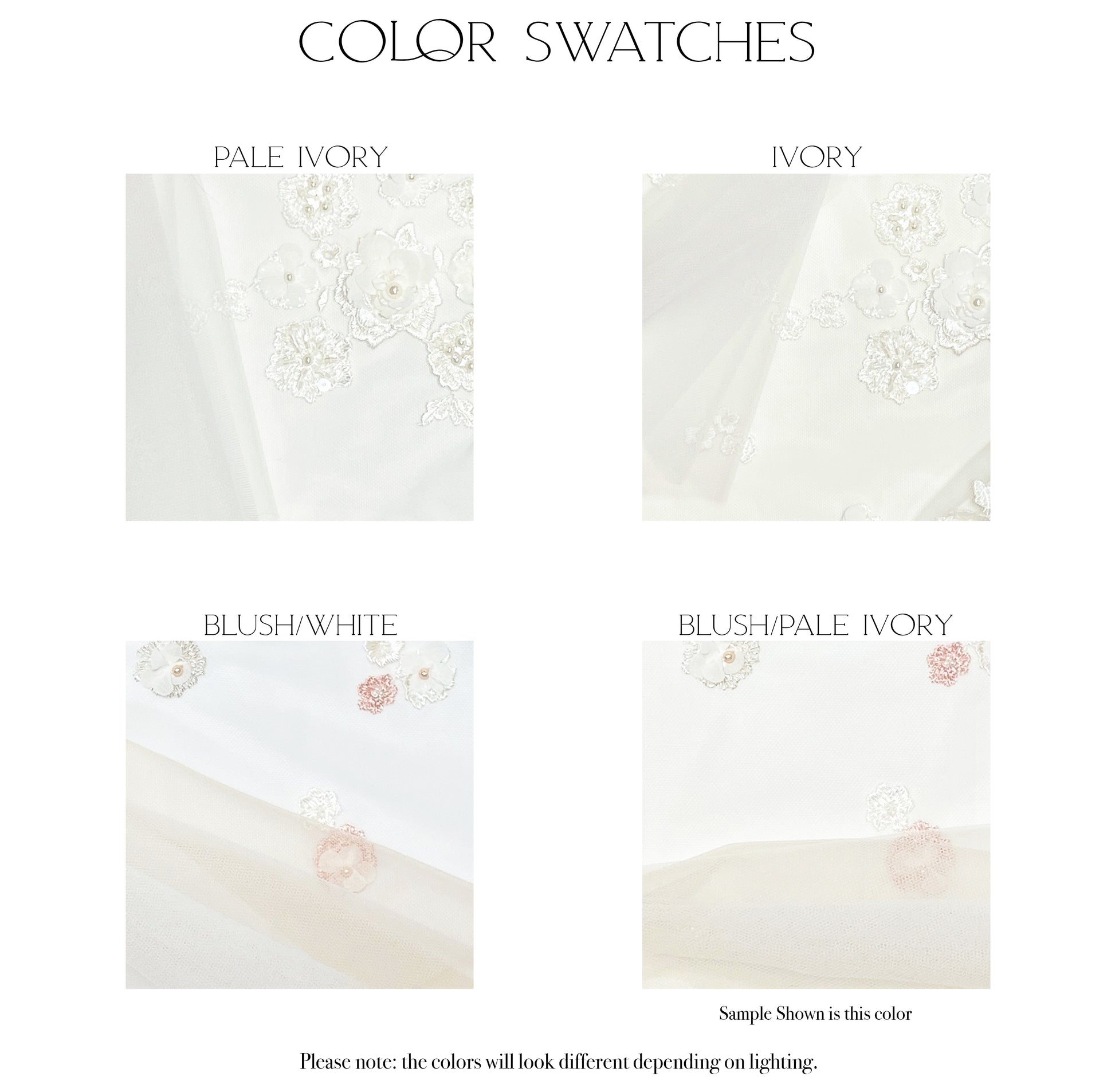 Fabric swatches of the four color options (pale ivory, ivory, Blush/white and Blush/pale ivory) for the lydia gown in crepe.