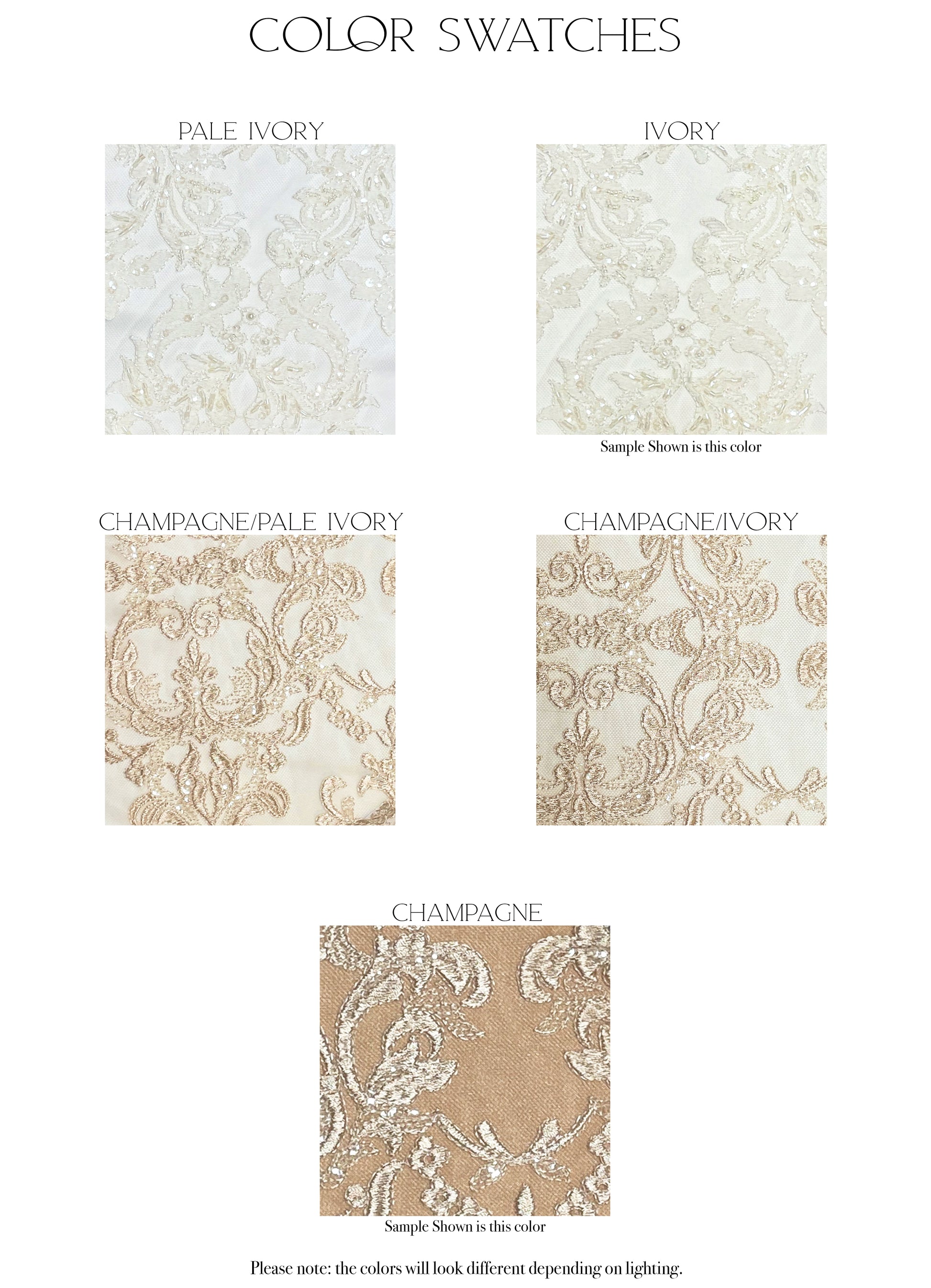 Fabric swatches of the five color options, for the Margaret gown, Pale Ivory (beaded), Ivory (beaded), champagne/Pale ivory (sequined), Champagne/ Ivory (sequined) and Champagne (sequined).
