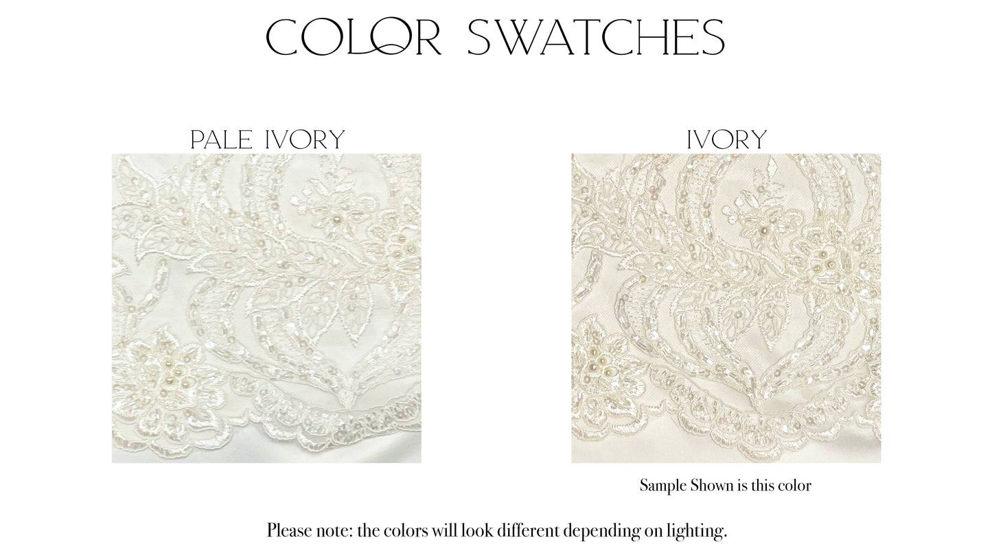 Fabric swatches of the two color options, ivory and pale ivory, for the Marie gown.