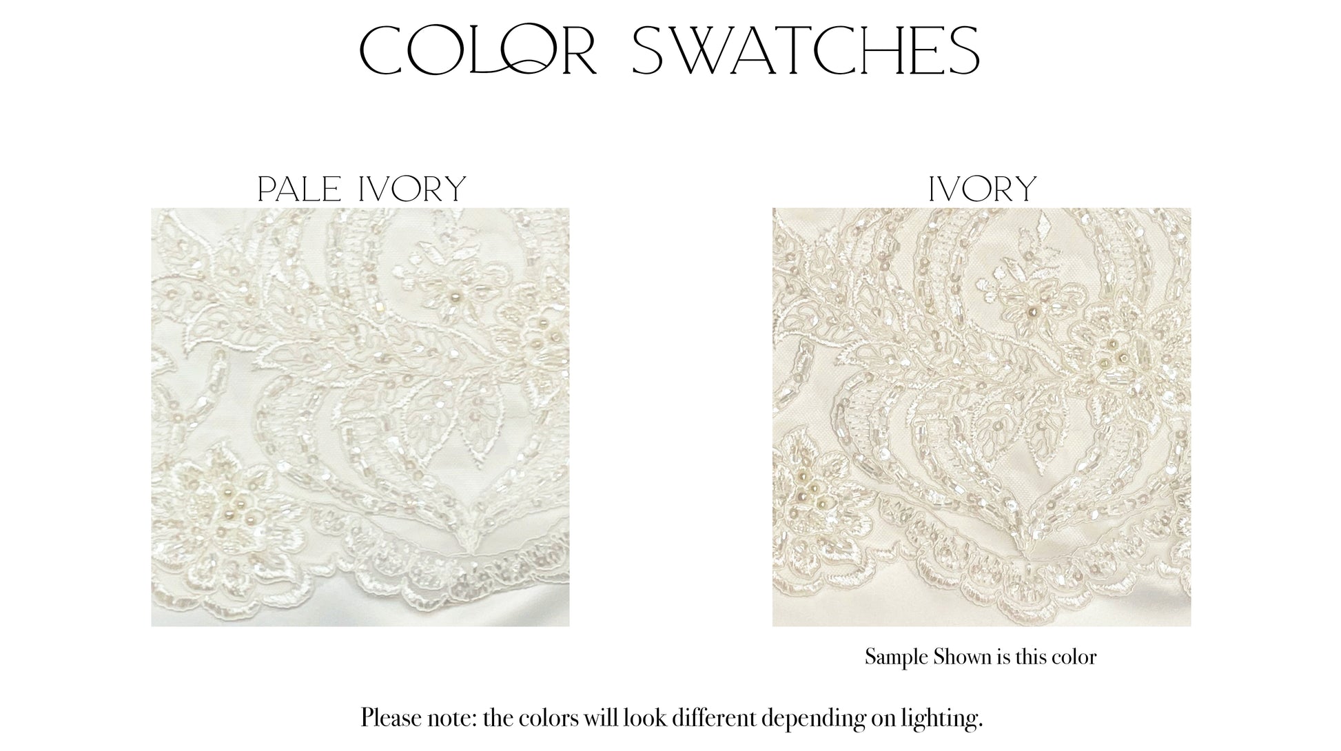 Fabric swatches of the two color options, ivory and pale ivory, for the Marie gown.