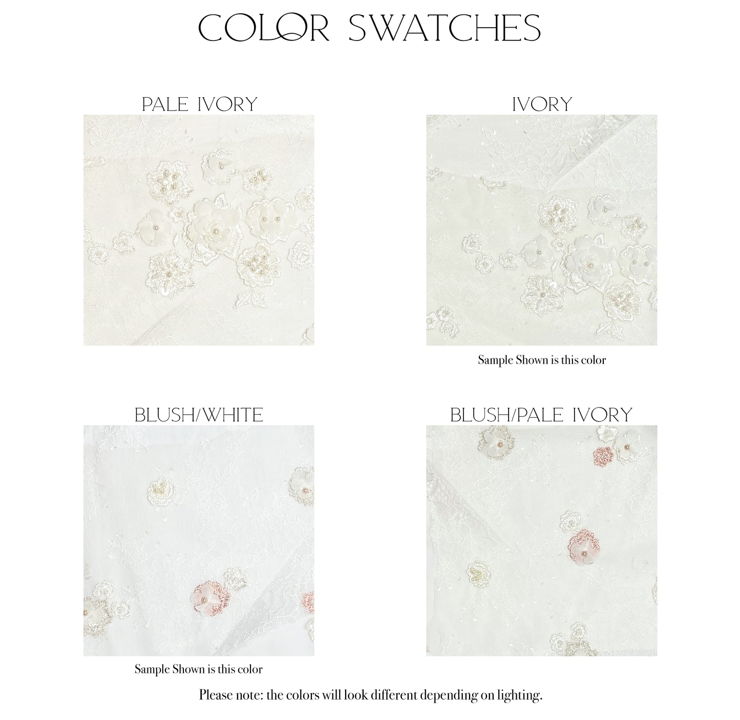 Fabric swatches of the four color options for the Naomi gown in crepe, Pale ivory, Ivory, blush/white, and blush/pale ivory.