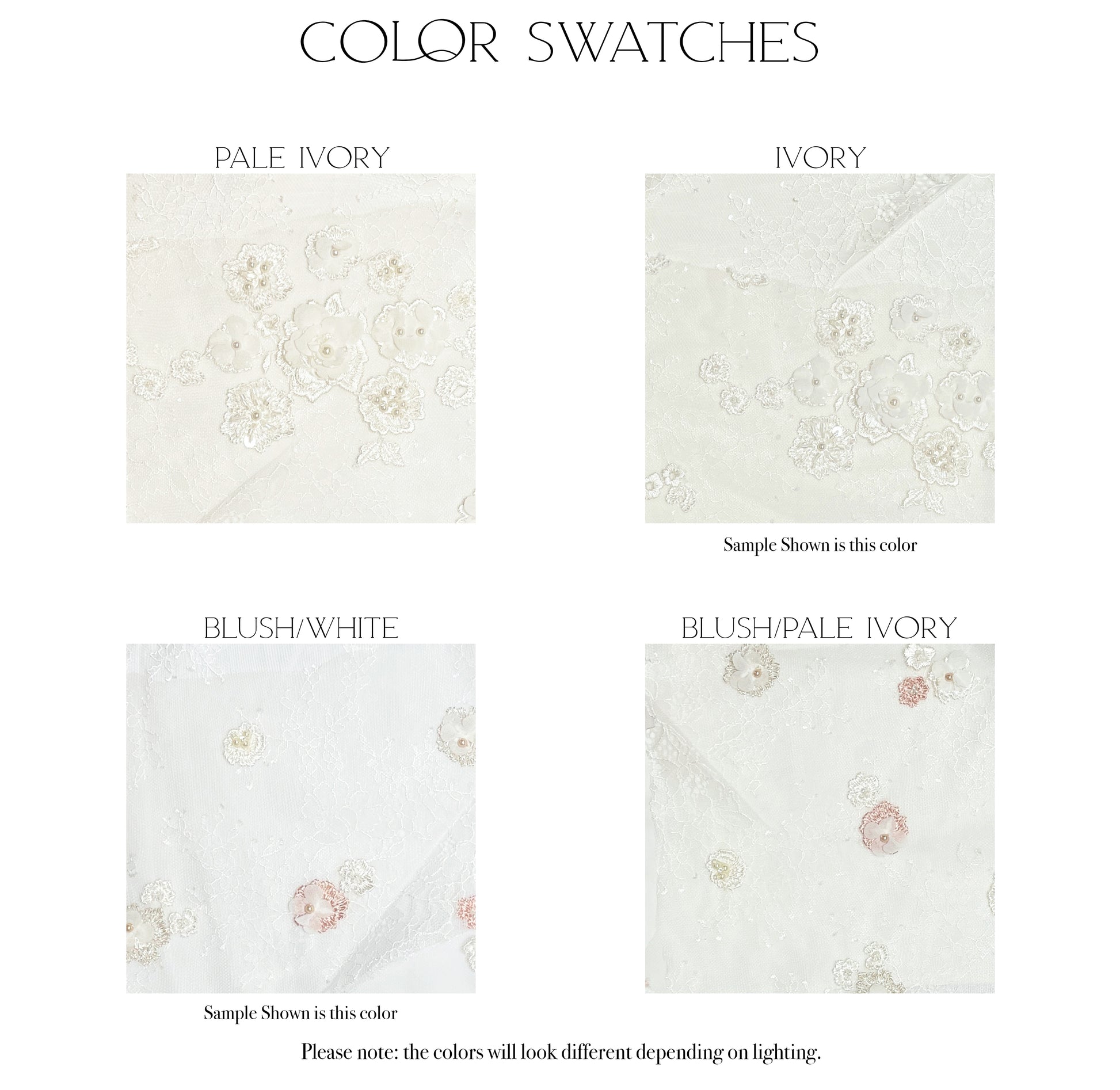 Fabric swatches of the four color options for the Naomi gown in crepe, Pale ivory, Ivory, blush/white, and blush/pale ivory.