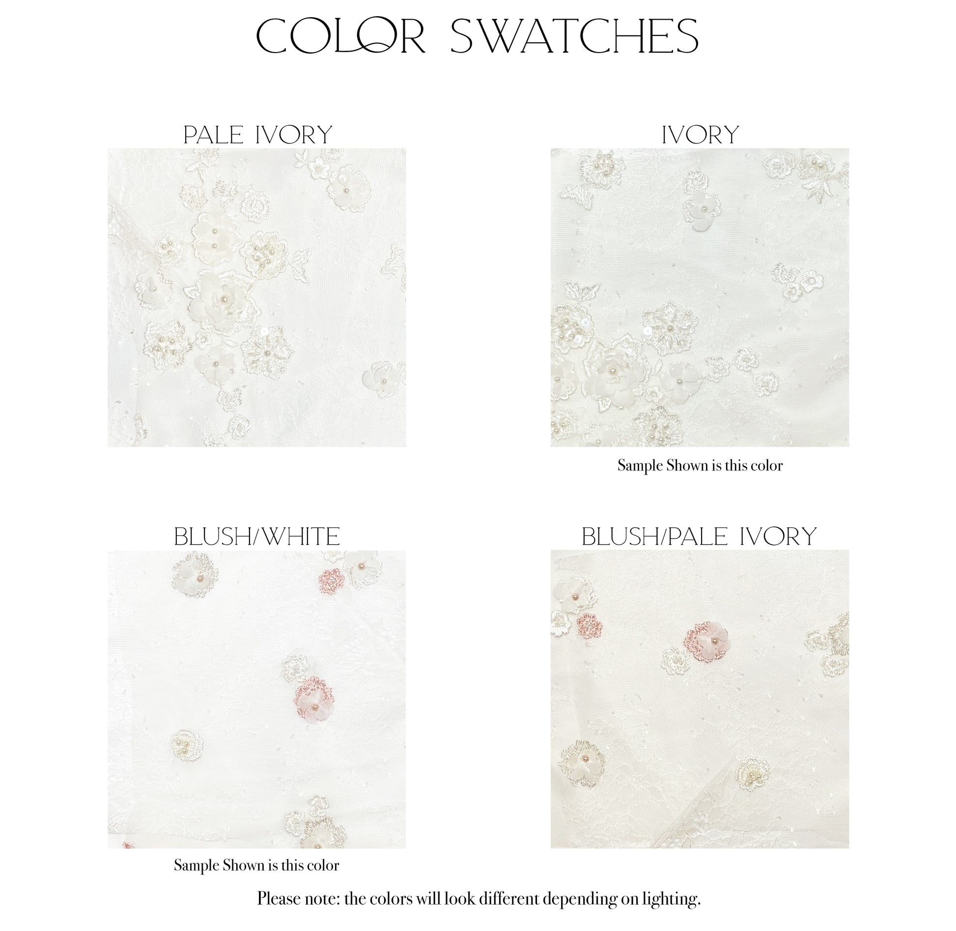 Fabric swatches of the four satin color options for the naomi gown, pale ivory, ivory, blush / white, and blush / pale ivory.