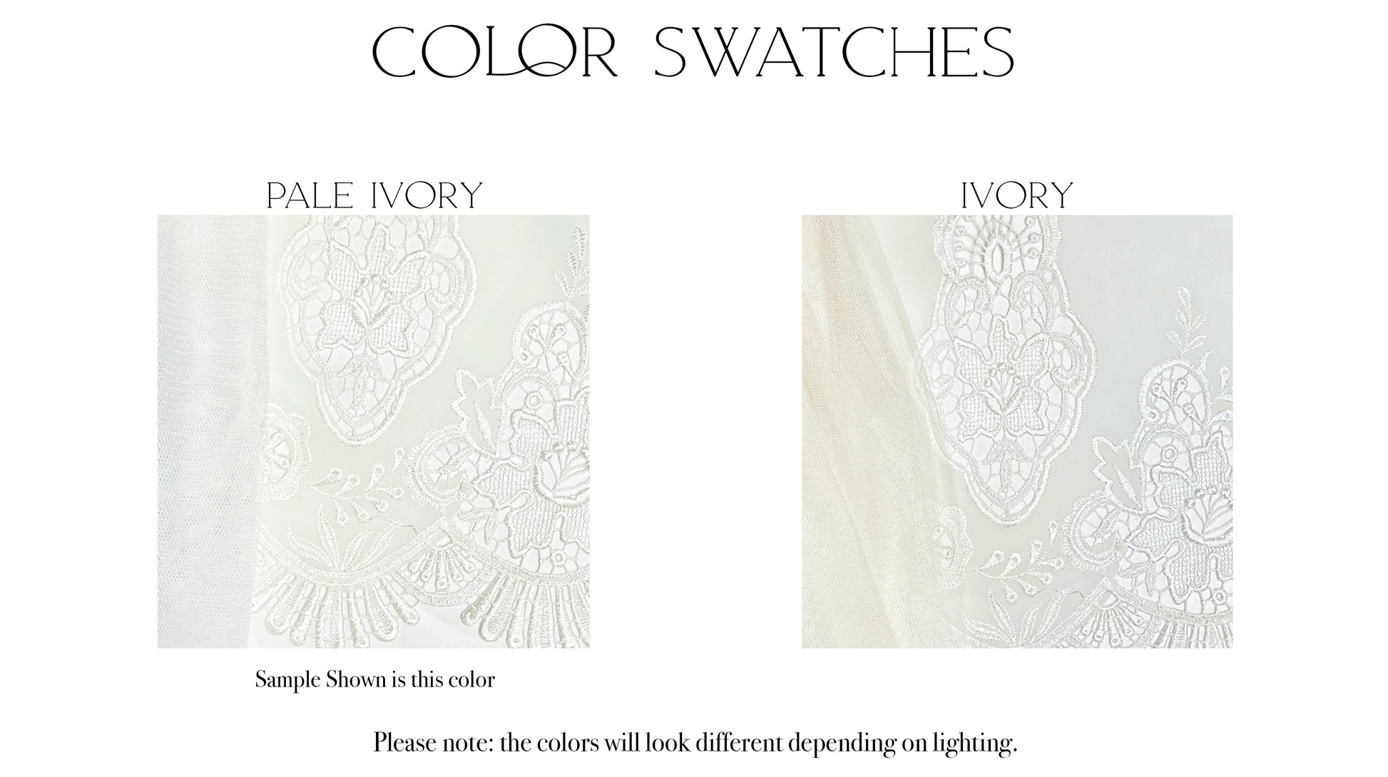 color swatches of the nerissa emrboidered chiffon, tulle and satin in the two different color options