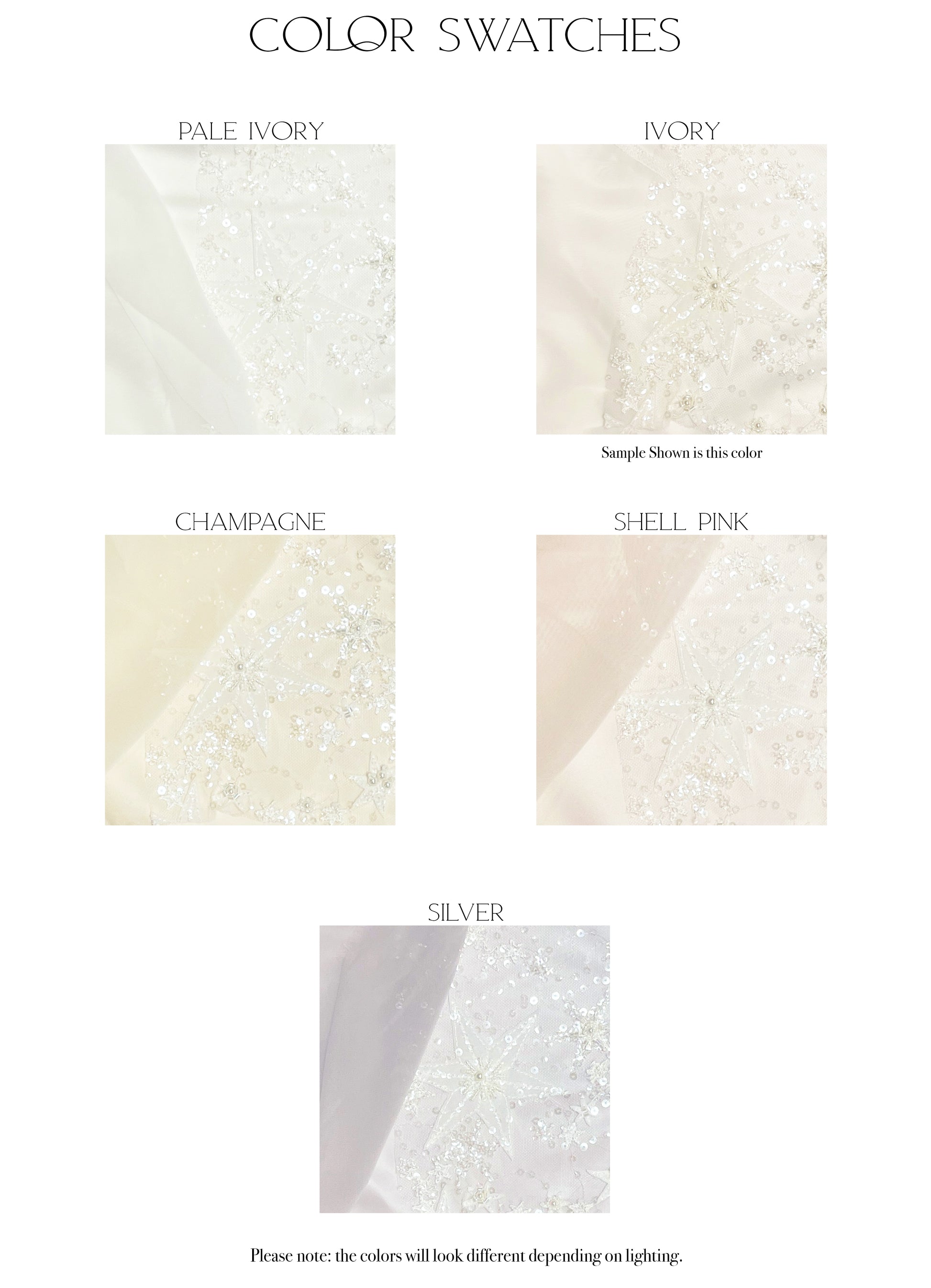 novelli color swatches in pale ivory, ivory, champagne, shell pink and silver