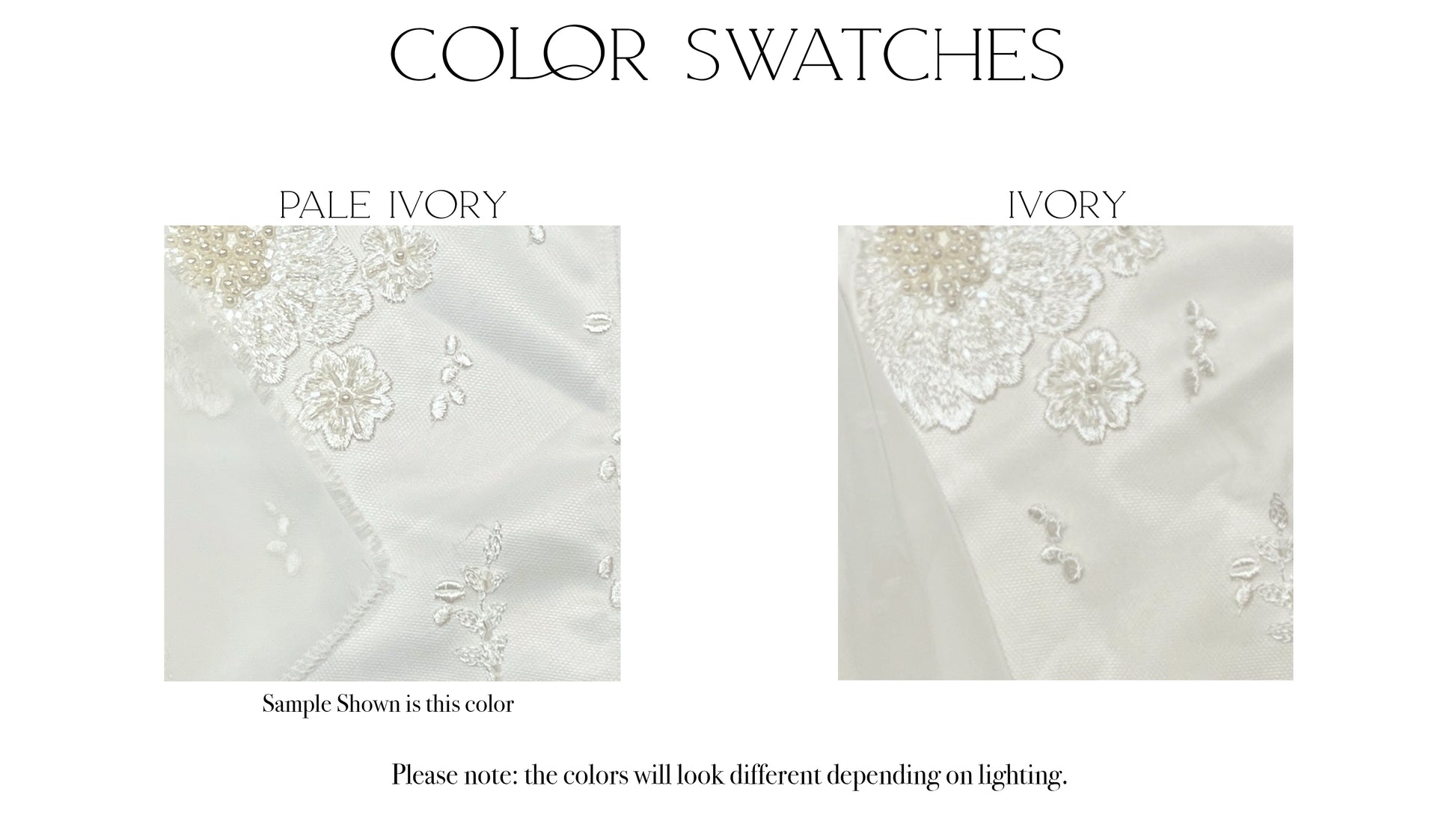 Swatches of the color options for the odette gown