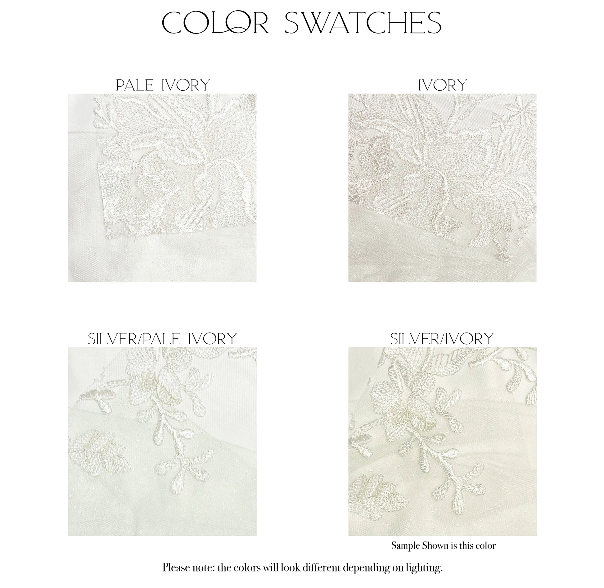 Fabric swatches of the four color options for the Penelope gown, Pale Ivory, Ivory, Silver Pale Ivory, or Silver Ivory.
