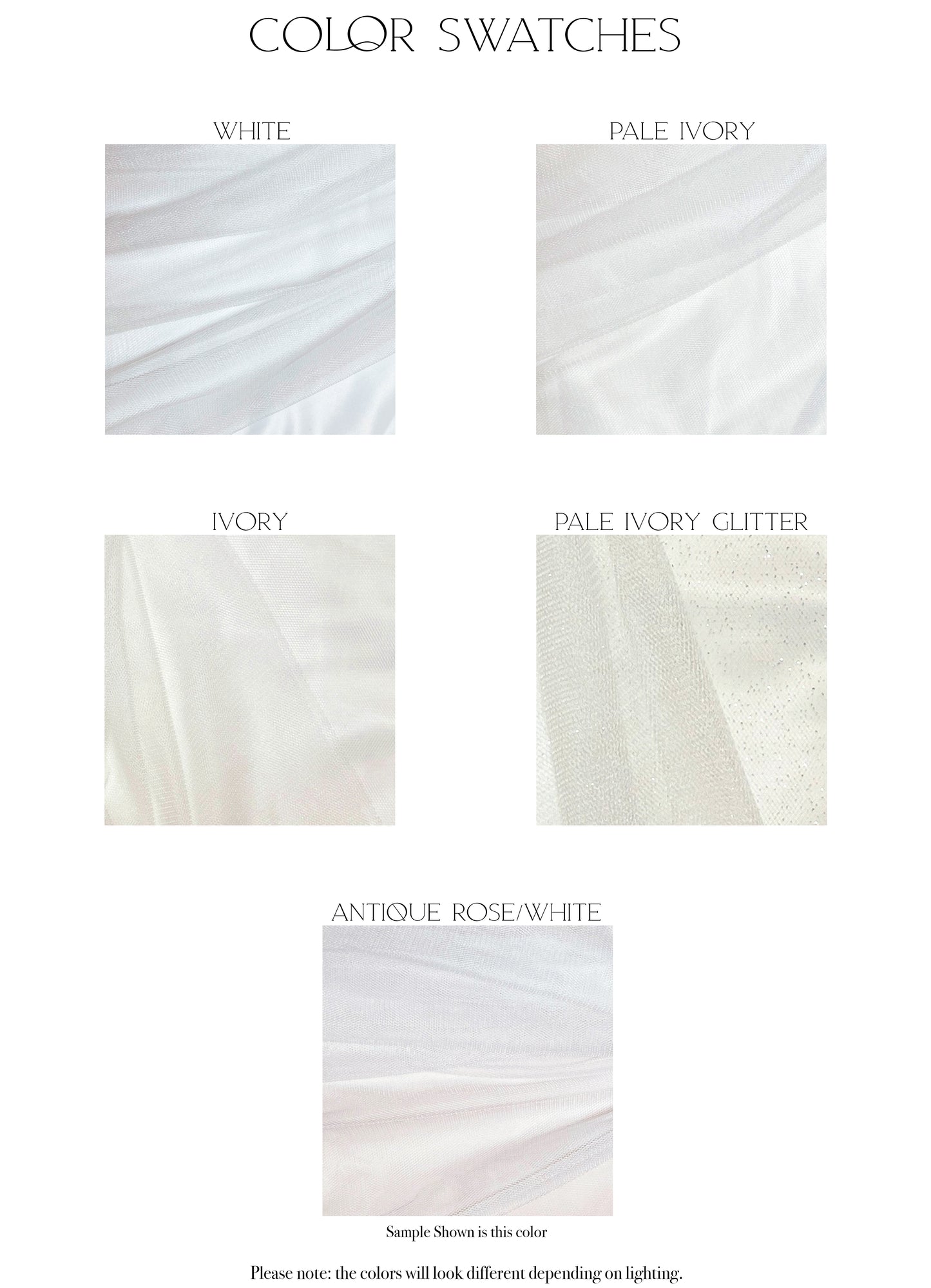Fabric swatches of the five color options for the Persephone gown, White, Pale Ivory, Ivory, Pale Ivory Glitter, and Antique Rose White.