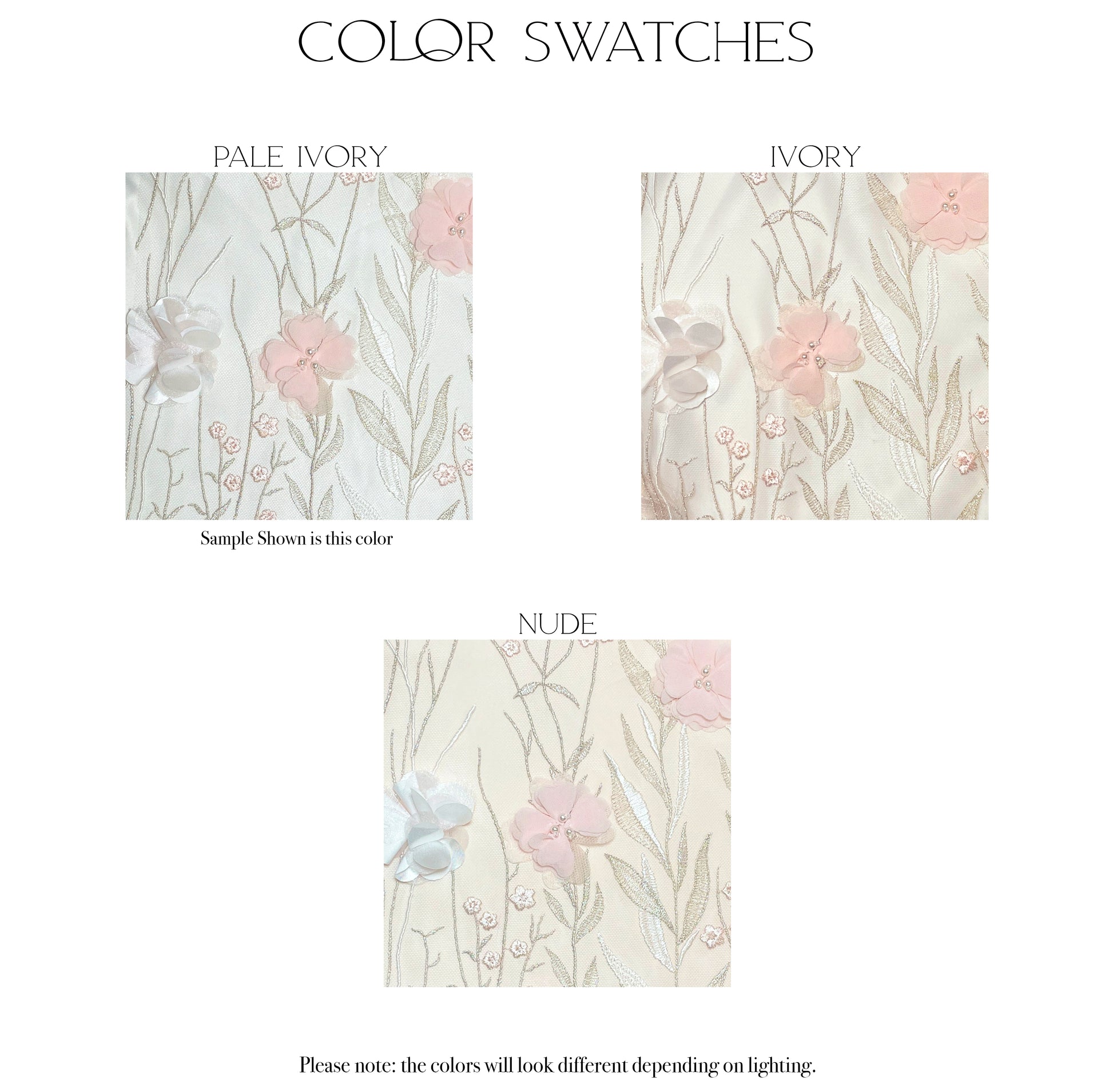 Fabric swatches of the three color options for the Prue gown, Pale Ivory, Ivory, and Nude.