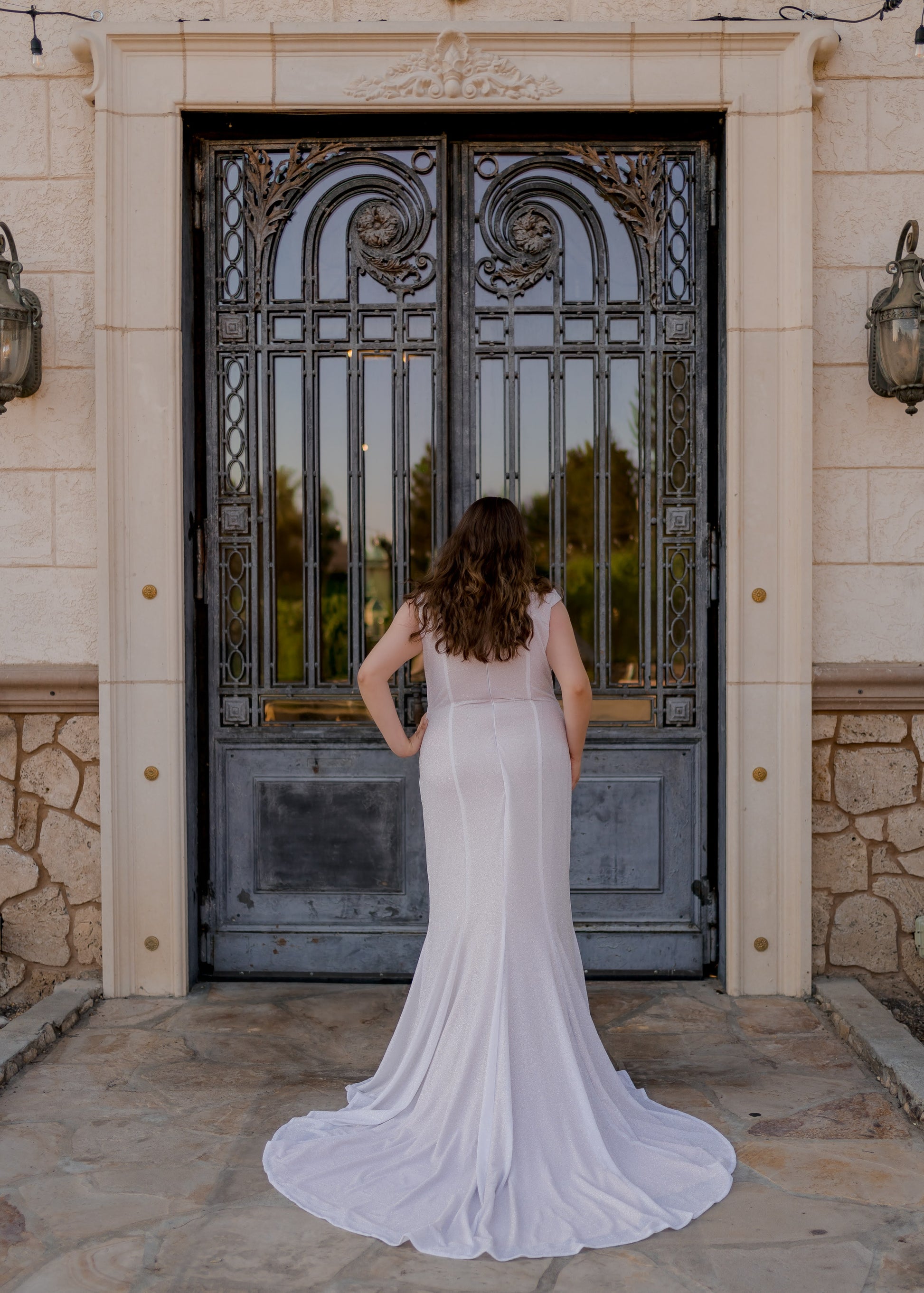 Back view of Alora bridal gown featuring glitter tulle overlay and straight-across neckline