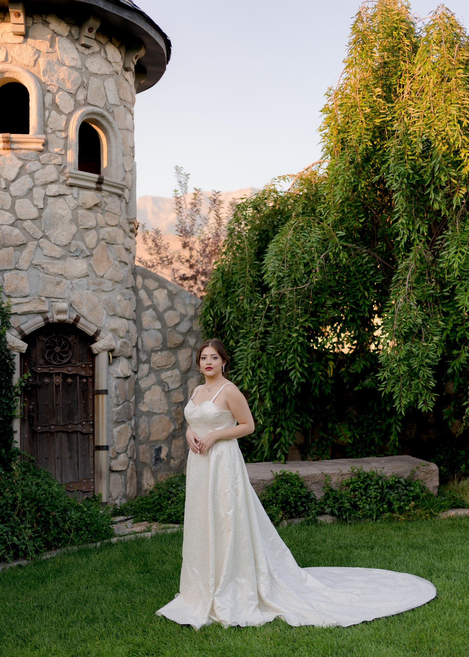 Full front ¾ angled view of Emerson bridal gown on a model, showing glitter tulle, A-line silhouette, and sweeping train.
