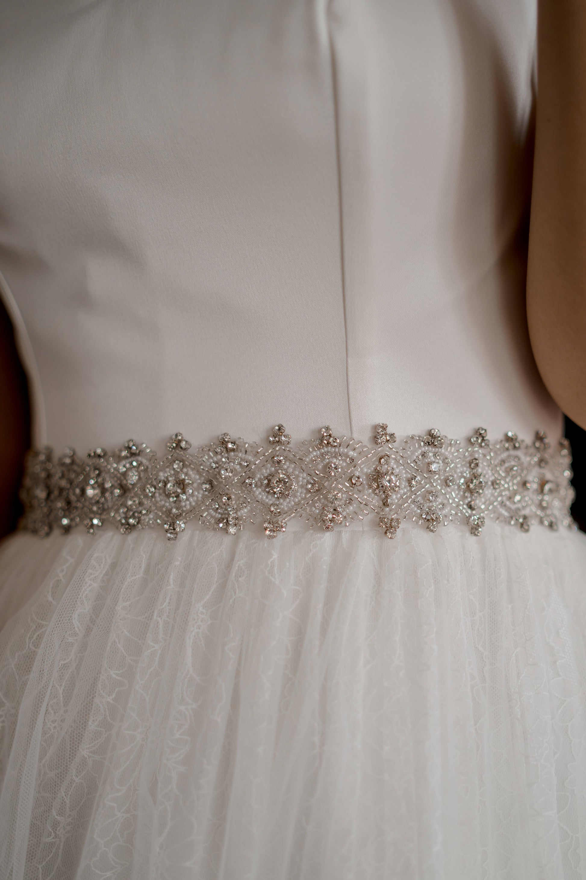 An up close shot of the Sasha belt styled with the beatrice gown.