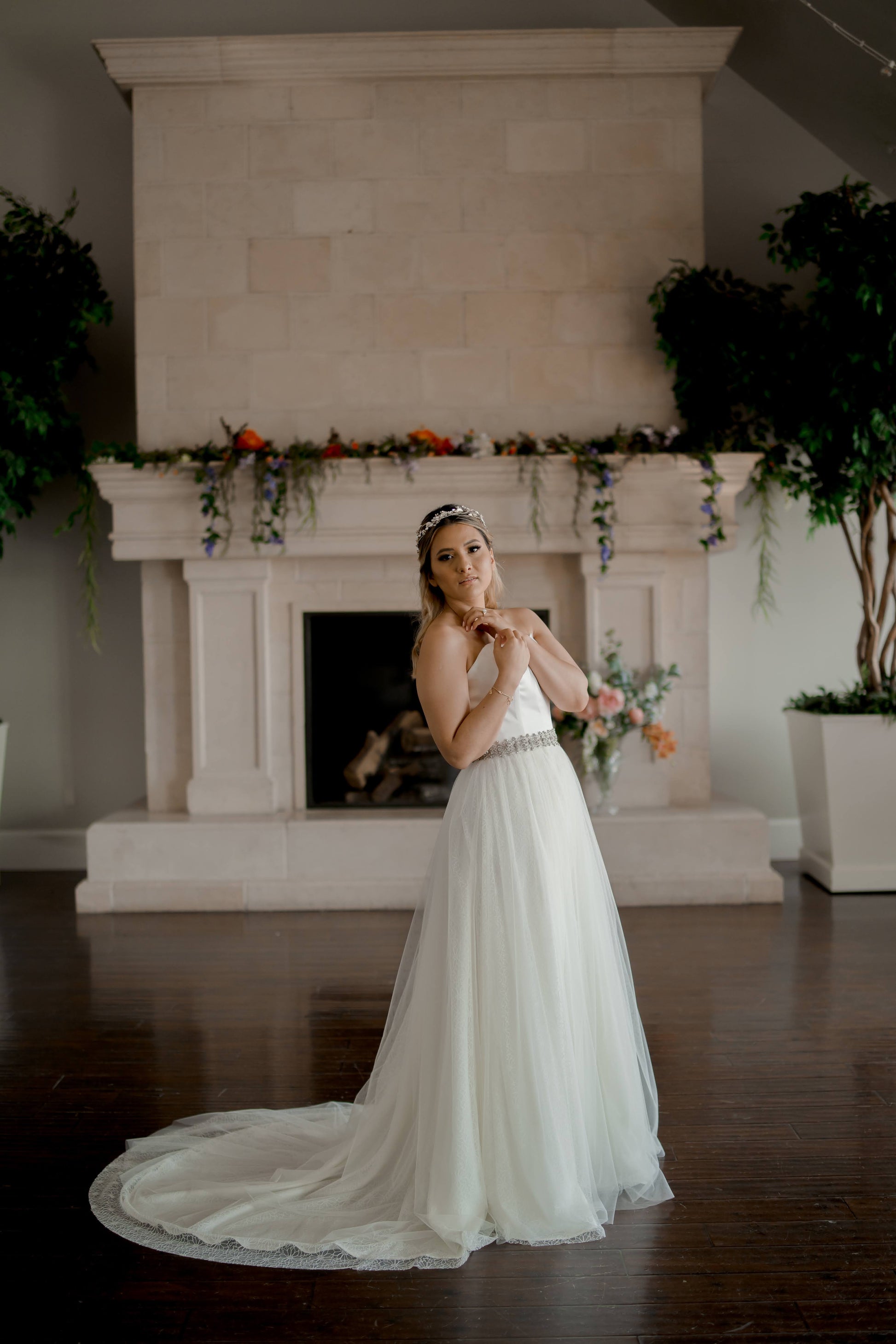 Glam rhinestone and beaded bridal belt, Sasha, on model styled on ivory gown.