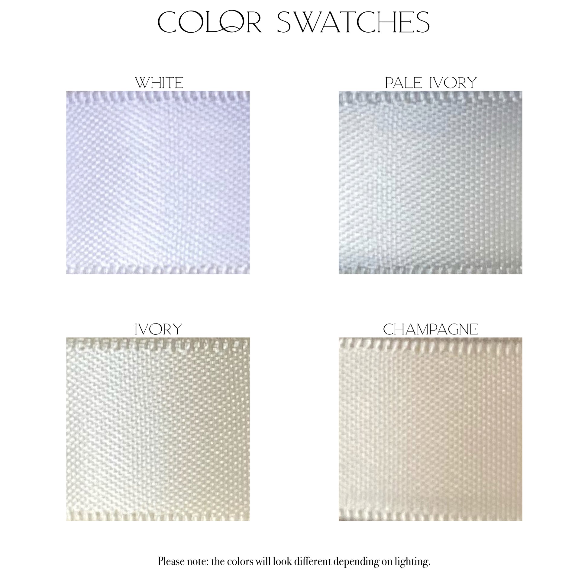 Ribbon swatches of the Four color options for the ribbon bridal belts & veils, White, Pale Ivory, Ivory, and champagne.