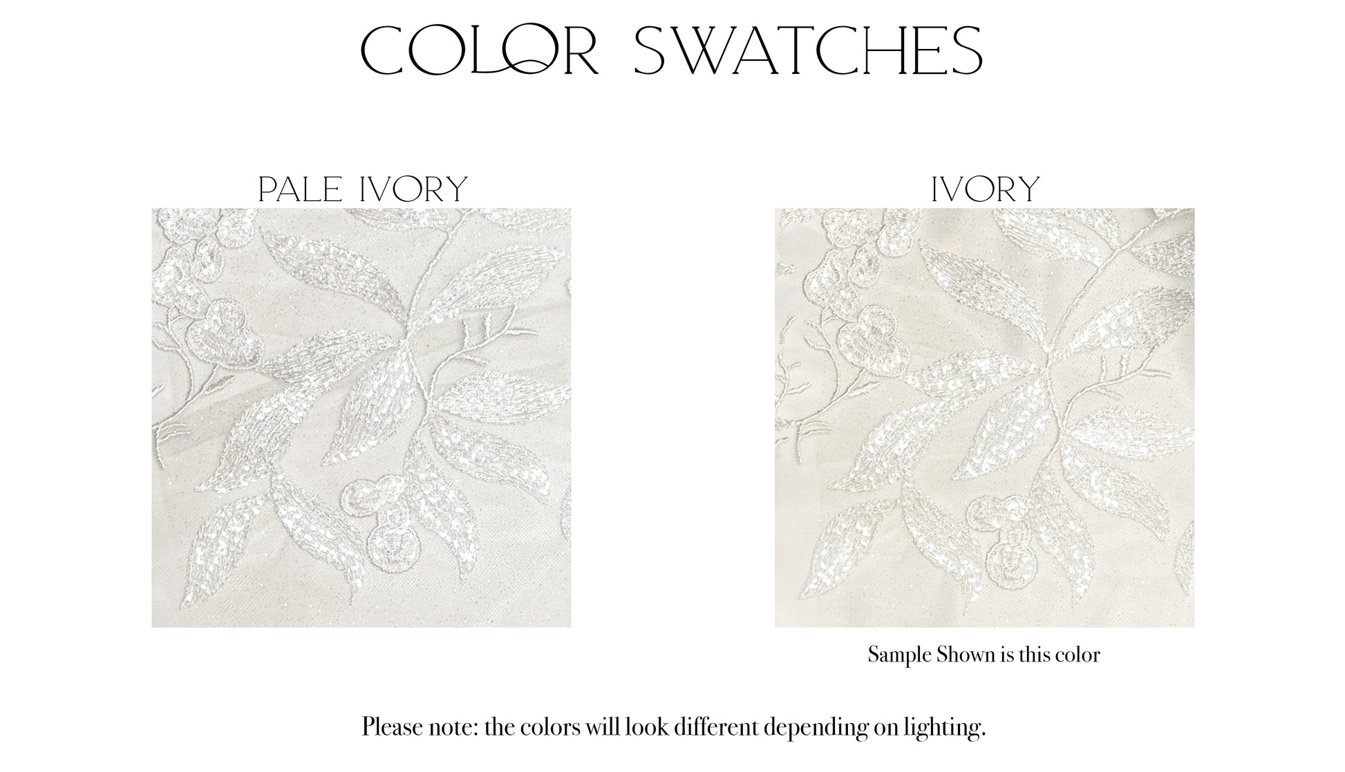 Fabric swatches of the two color options, ivory and pale ivory, for the Rosie gown.