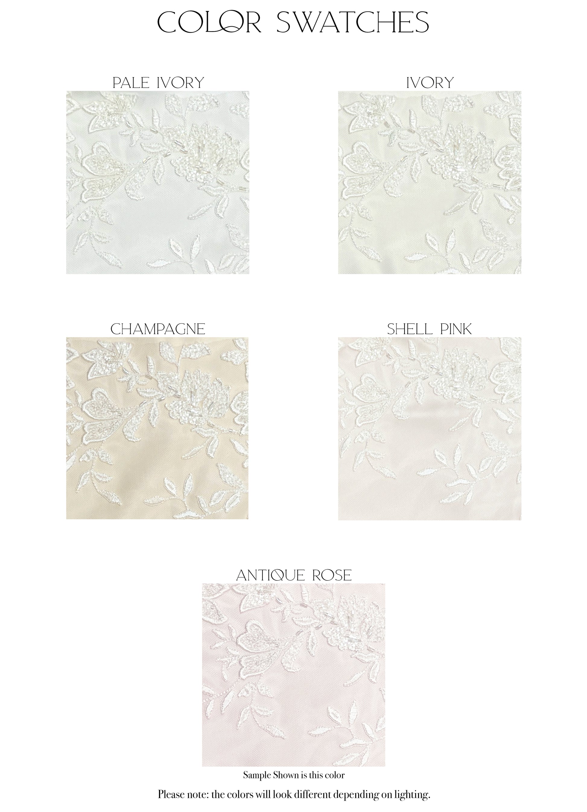Fabric swatches of the five color options for the Sawyer gown, Pale Ivory, Ivory, champagne, Shell Pink, and antique rose.