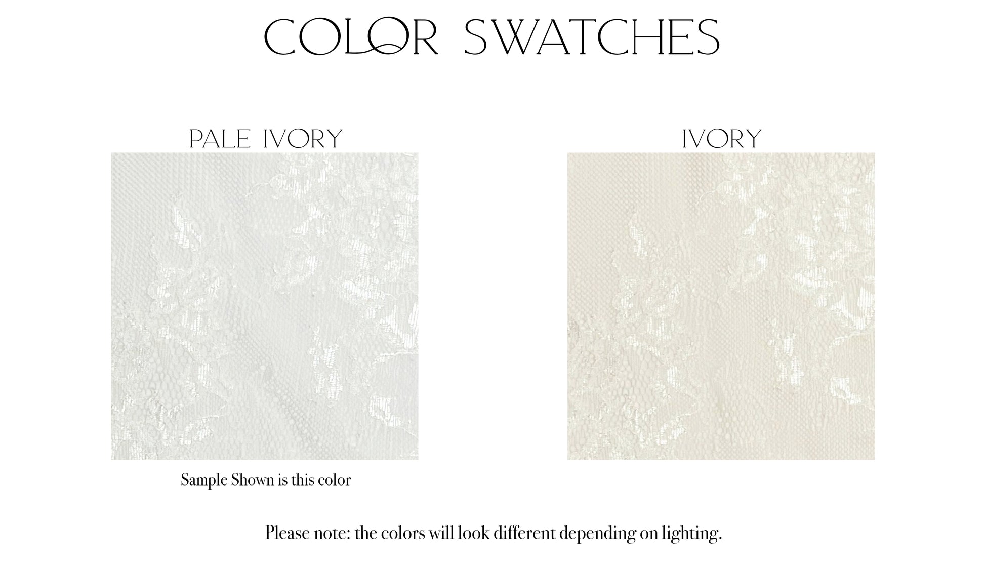 Fabric swatches of the two color options, ivory and pale ivory, for the Serafina gown.