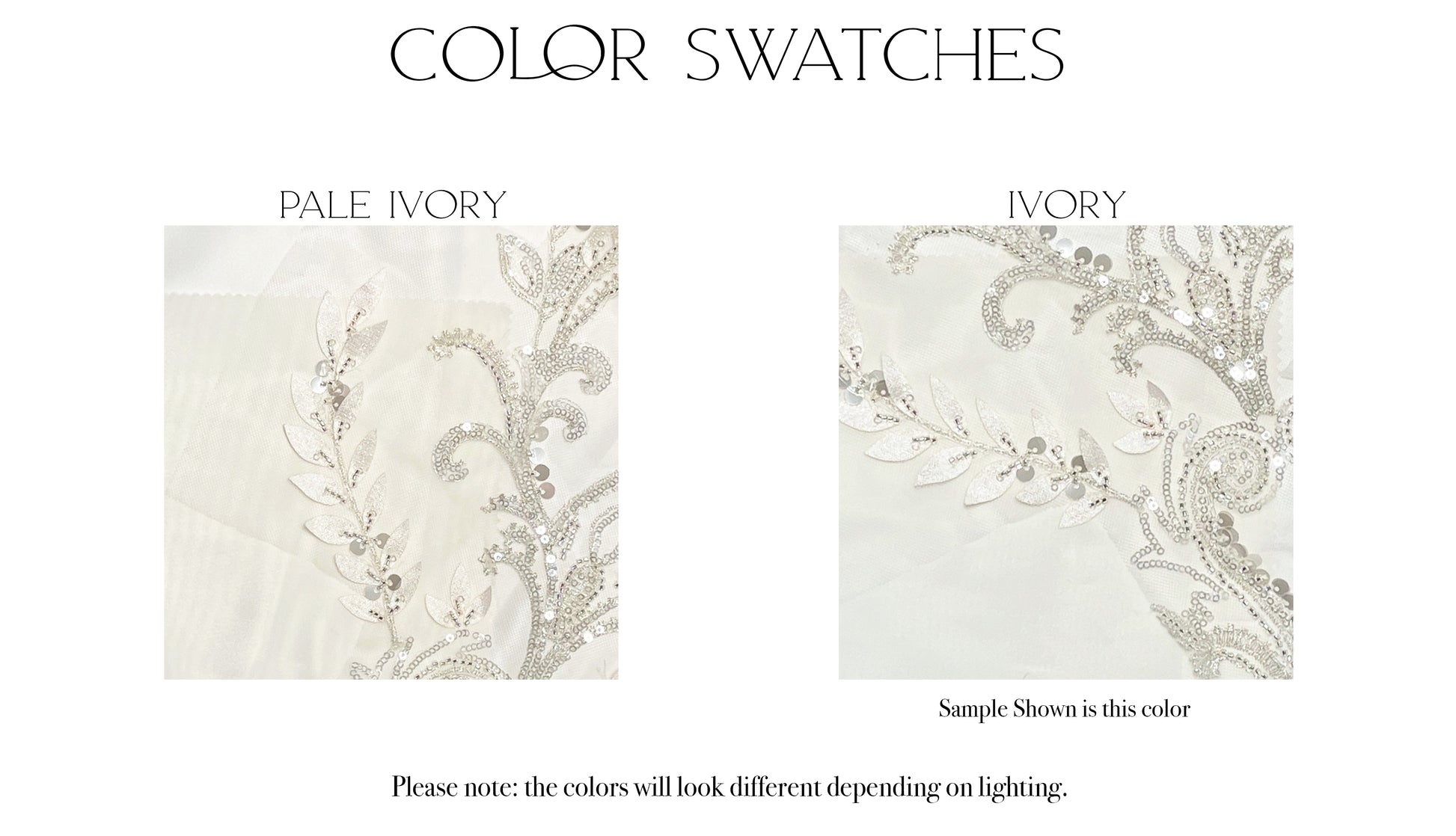 Fabric swatches of the two color options, ivory and pale ivory, for the Theodora  gown.