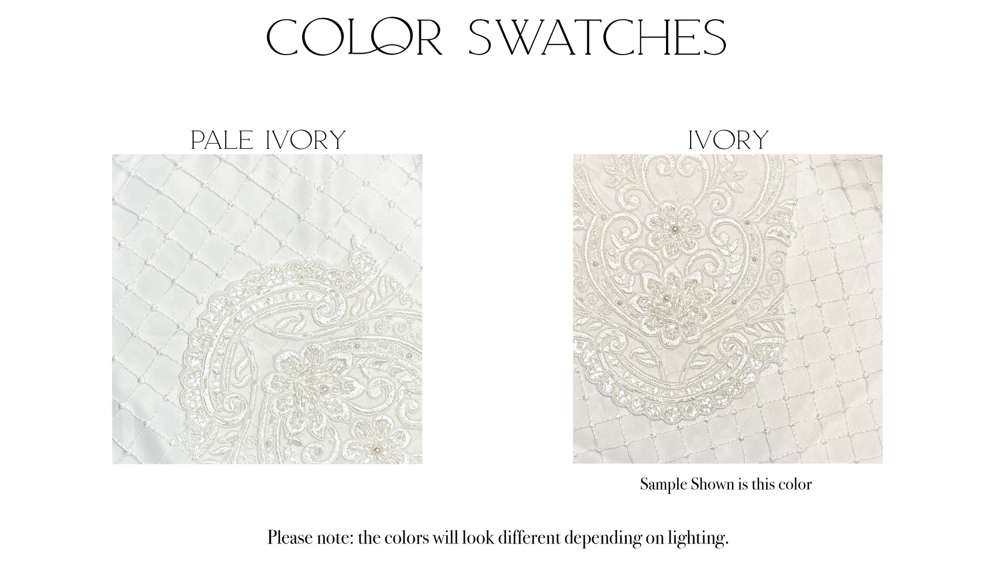 Fabric swatches of the two color options, ivory and pale ivory, for the Virginia gown.