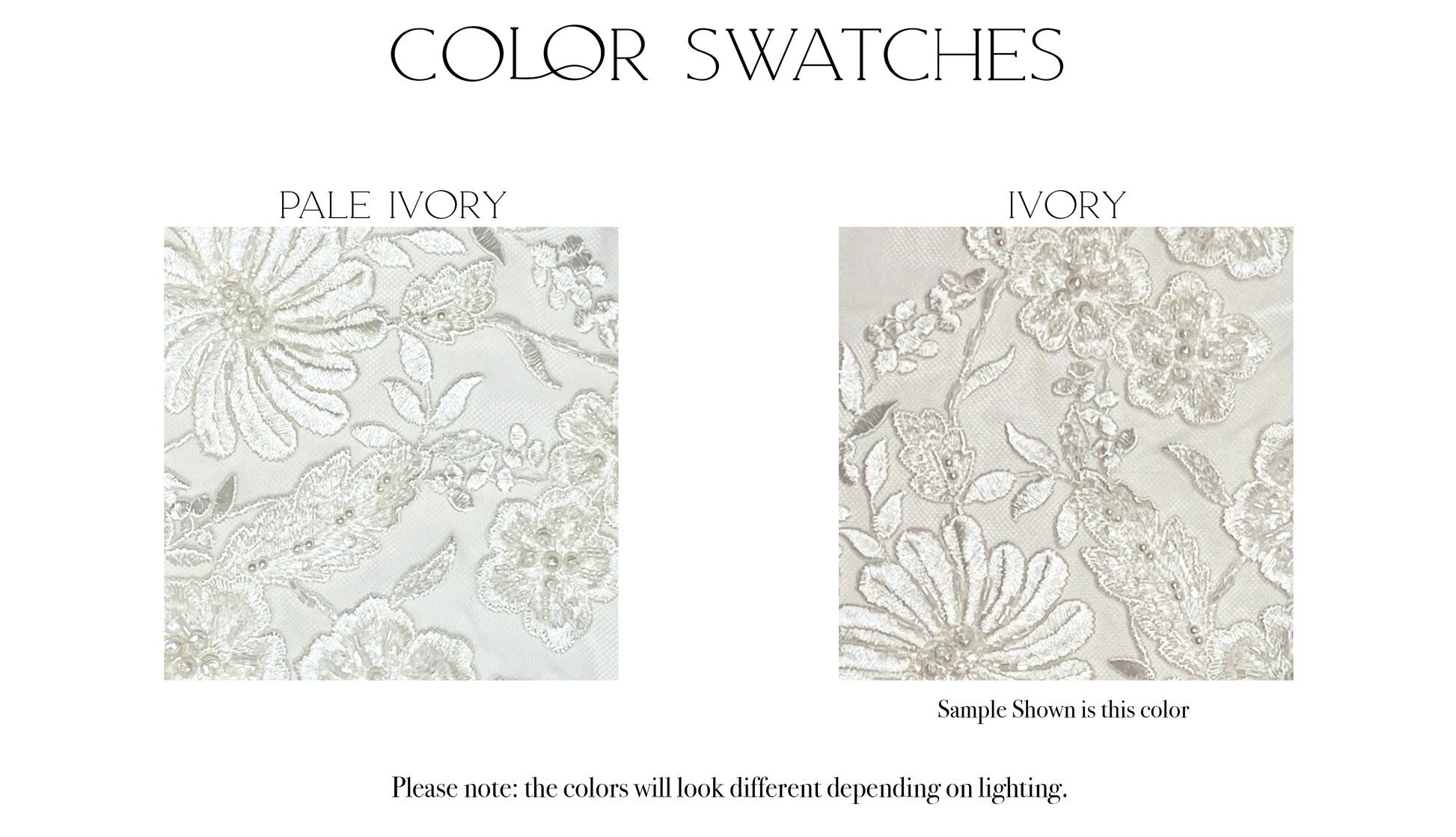 Fabric swatches of the two color options, ivory and pale ivory, for the Wilhelmina gown.