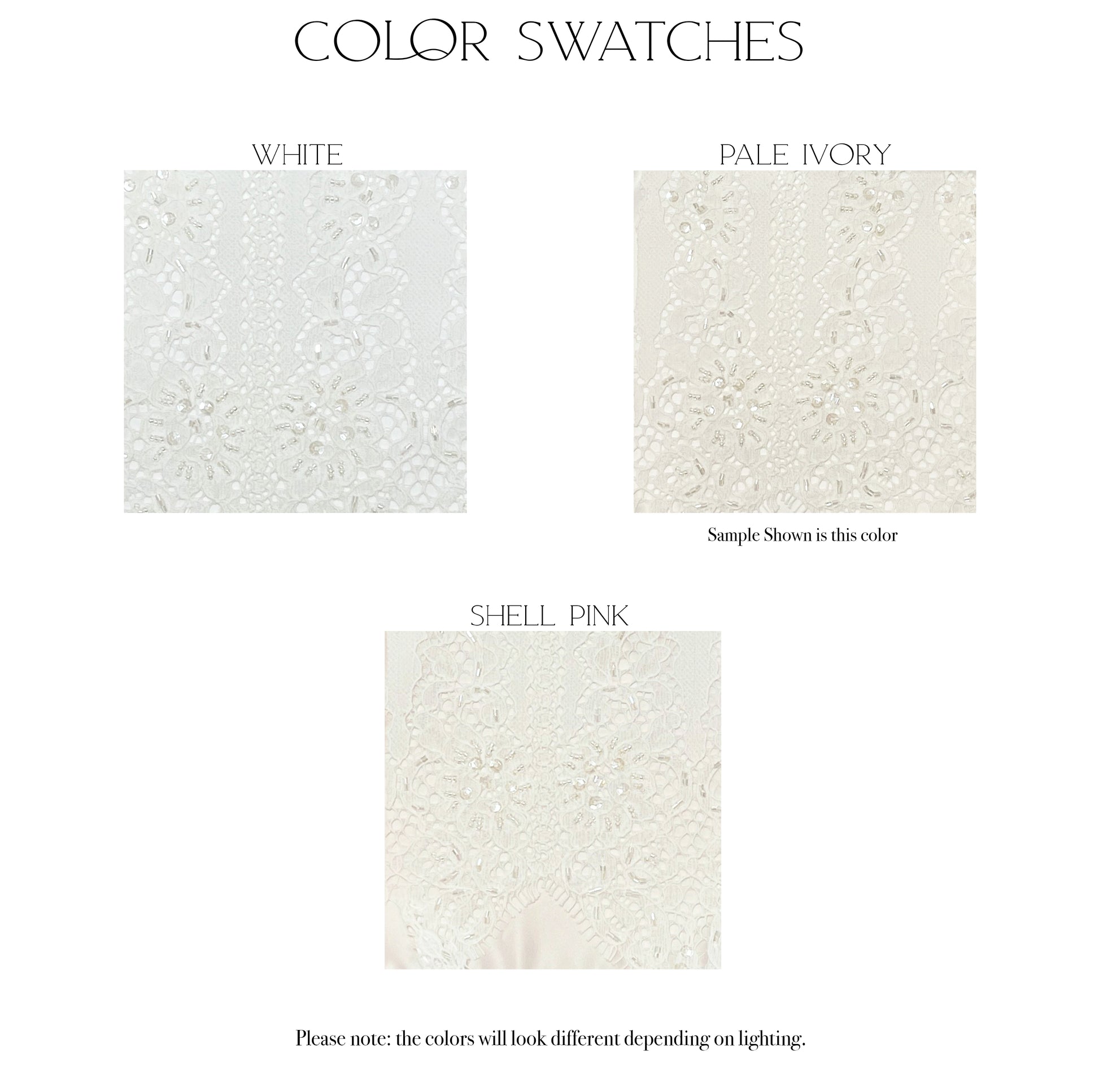 Fabric swatches of the three color options for the Willoughby gown, White, pale ivory, and shell pink.