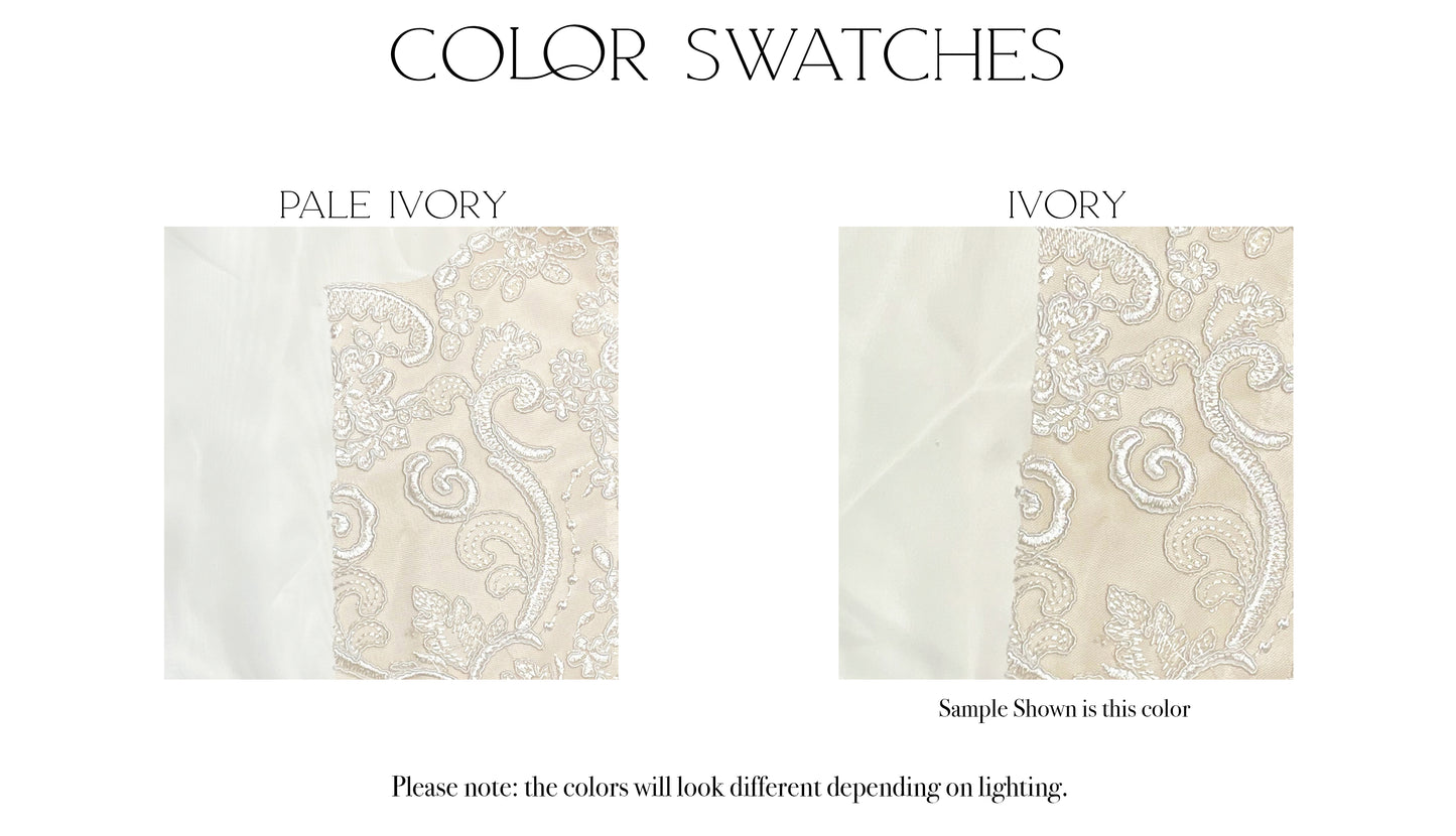 Fabric swatches of the two color options, ivory and pale ivory, for the winifred gown.